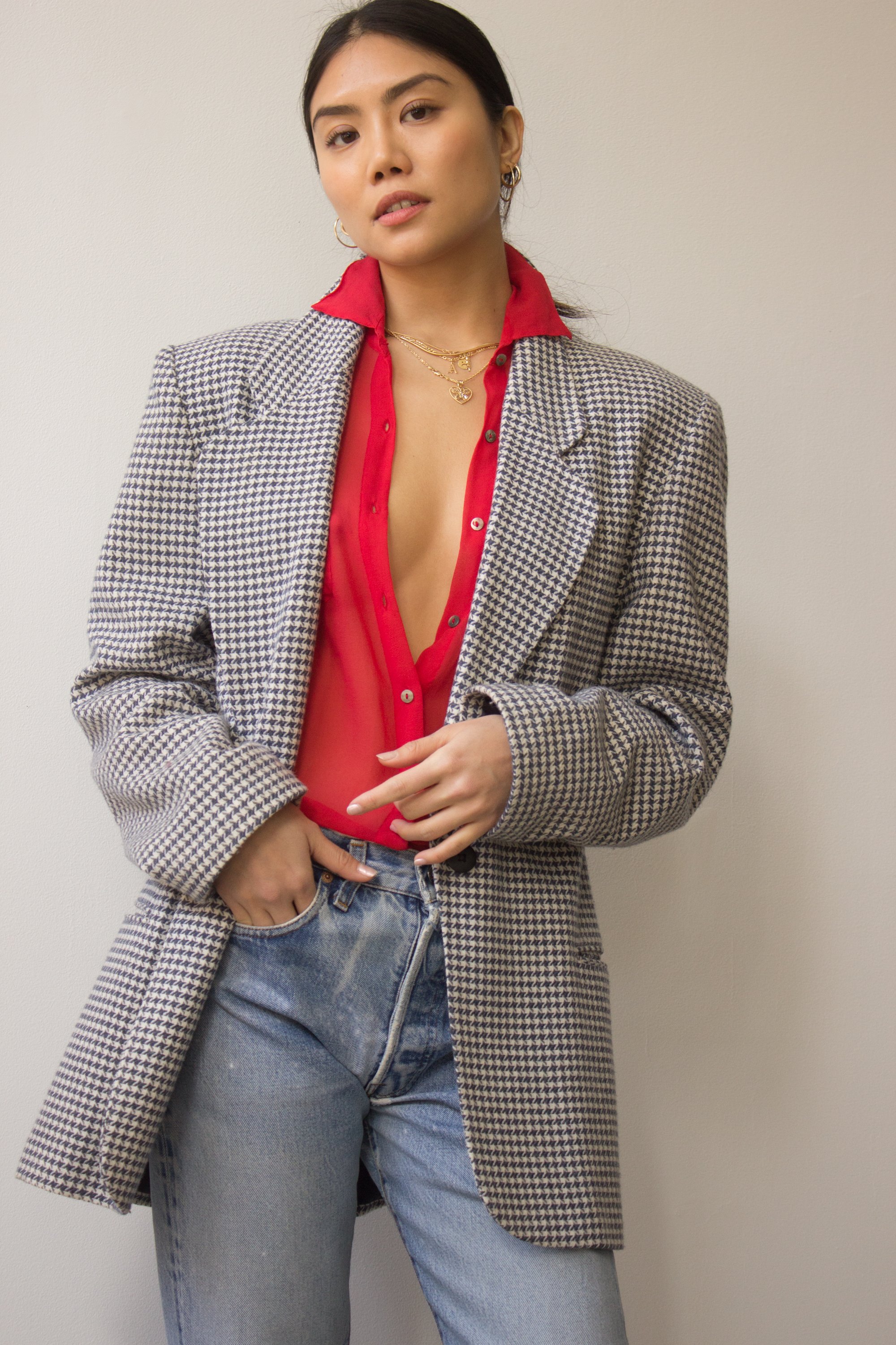 1980s Oversize Denim Blue Houndstooth Blazer