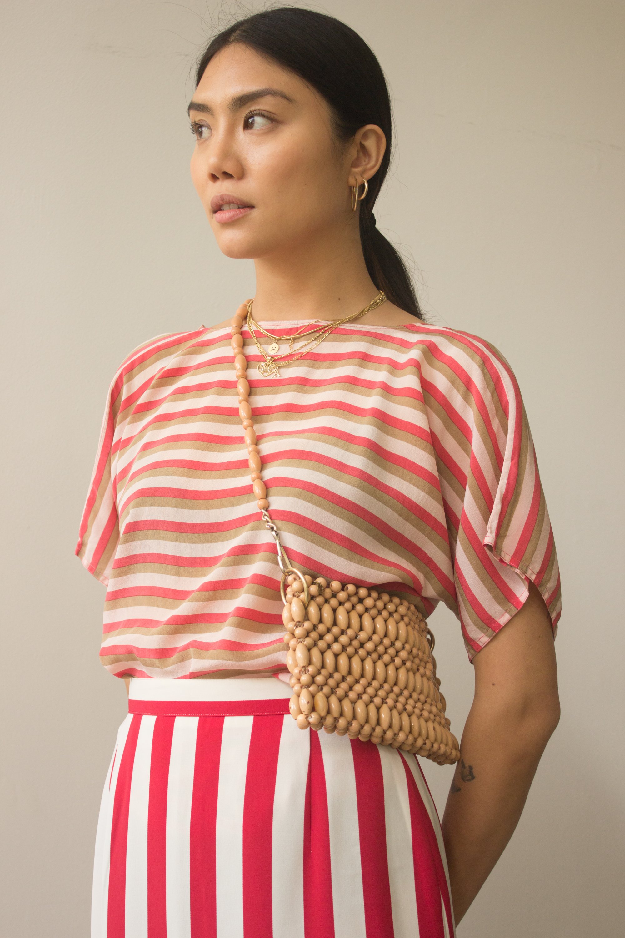 1970s Peachy Nude Beaded Baguette