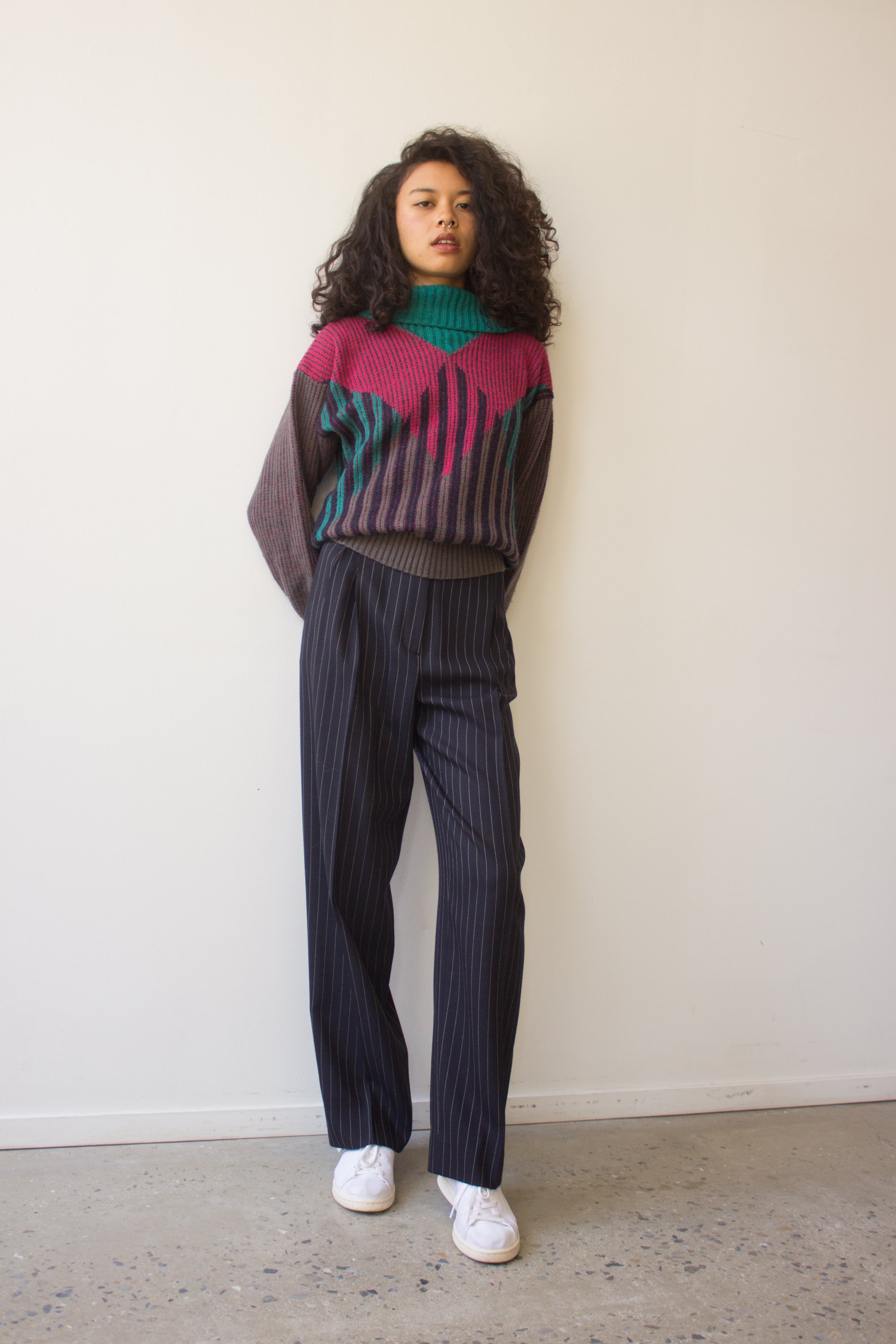 1980s Genny Dark Navy Pinstriped Wool Trousers