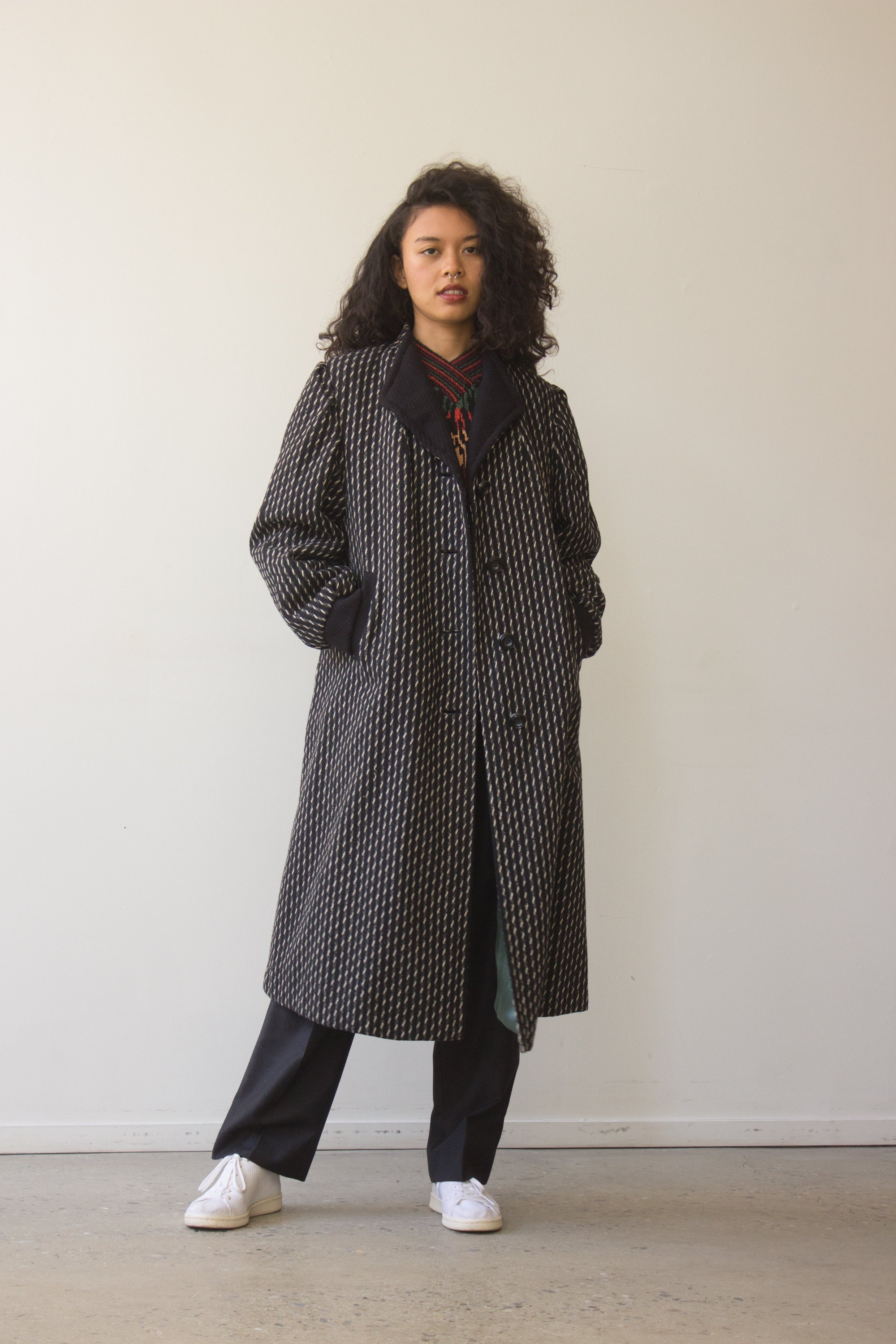 1980s Black and White Wool Coat