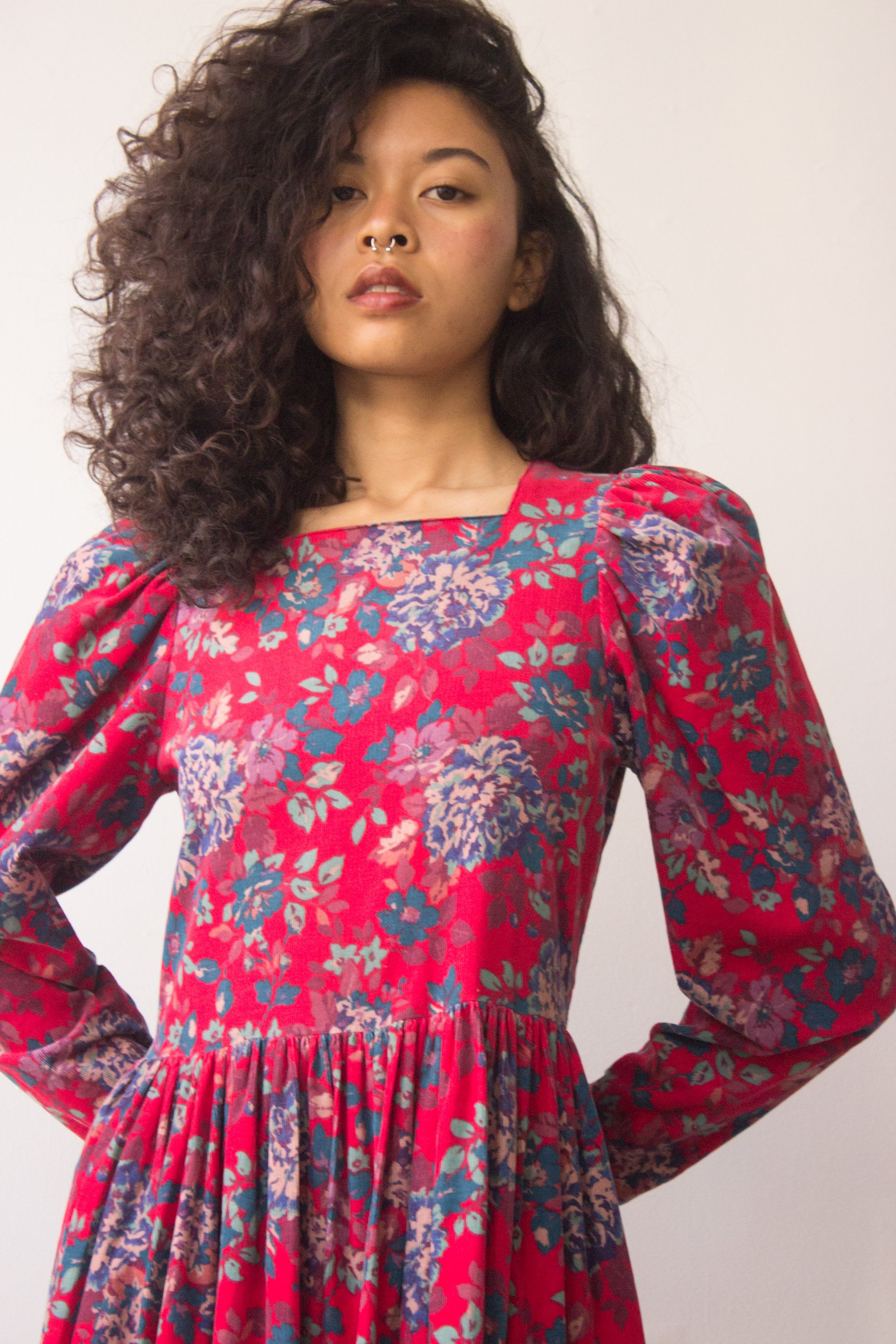 1980s Laura Ashley Corduroy Puff Sleeve Dress