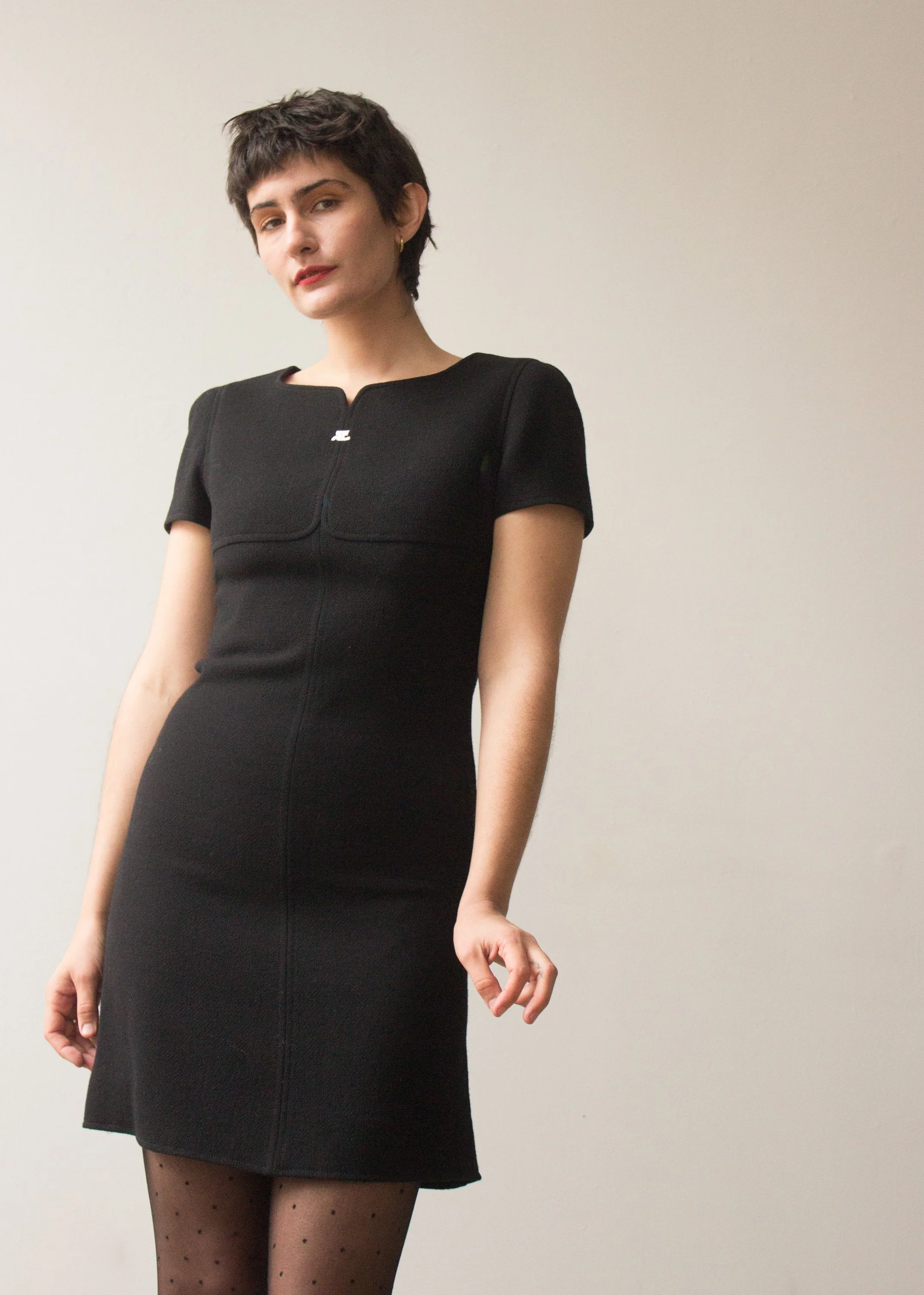1970s little black dress 1970s Vintage Gold Trimmed Black Spaghetti Strap Dress by David Morris –  Leslie Courreges main image 0