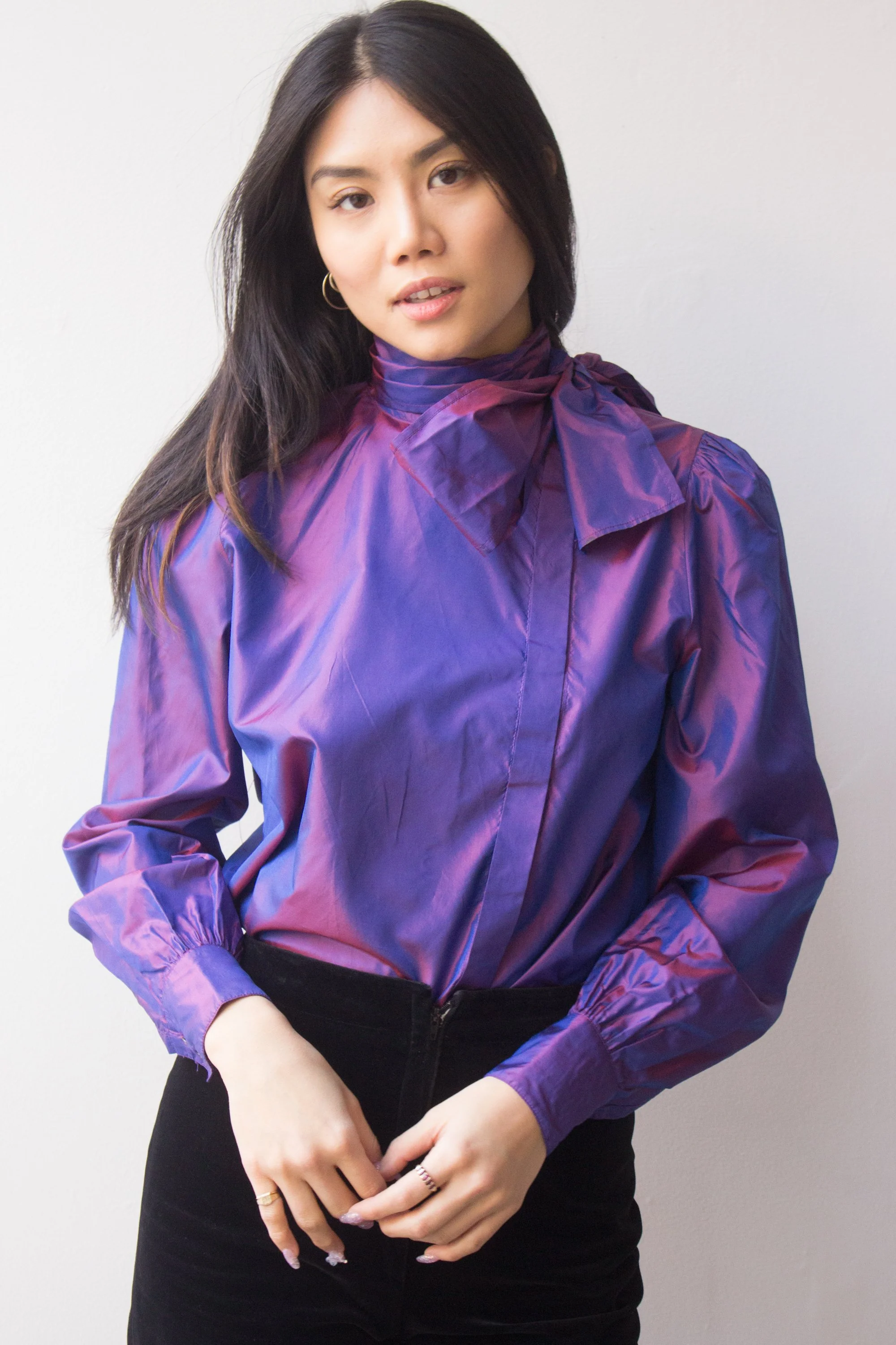 1970s Muriel Grateau Iridescent Silk Taffeta Tie Blouse — Wayward 