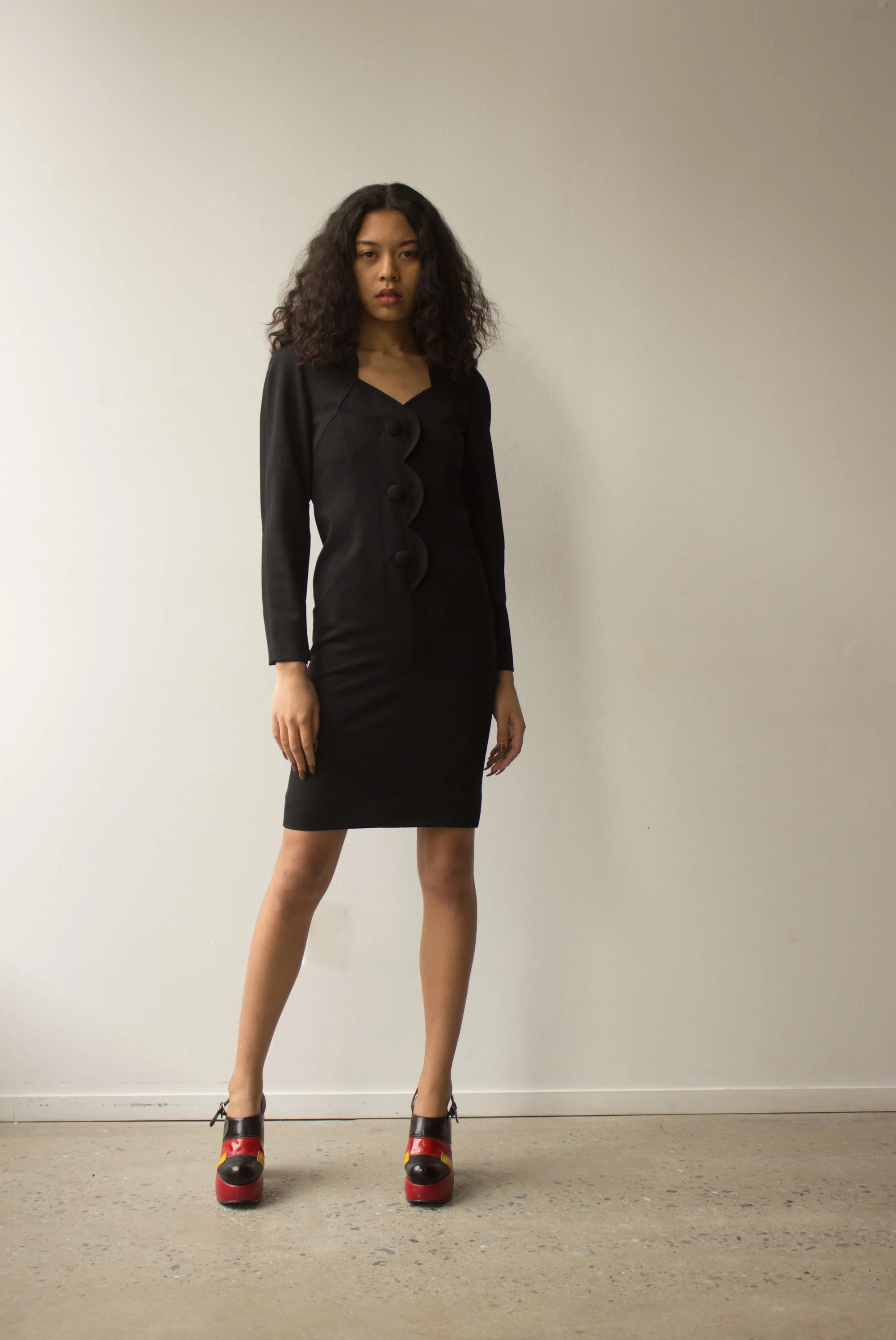 slim fit dress slacks Andrea Jovine 1980's Black Fitted Wool Knit Dress – catwalk