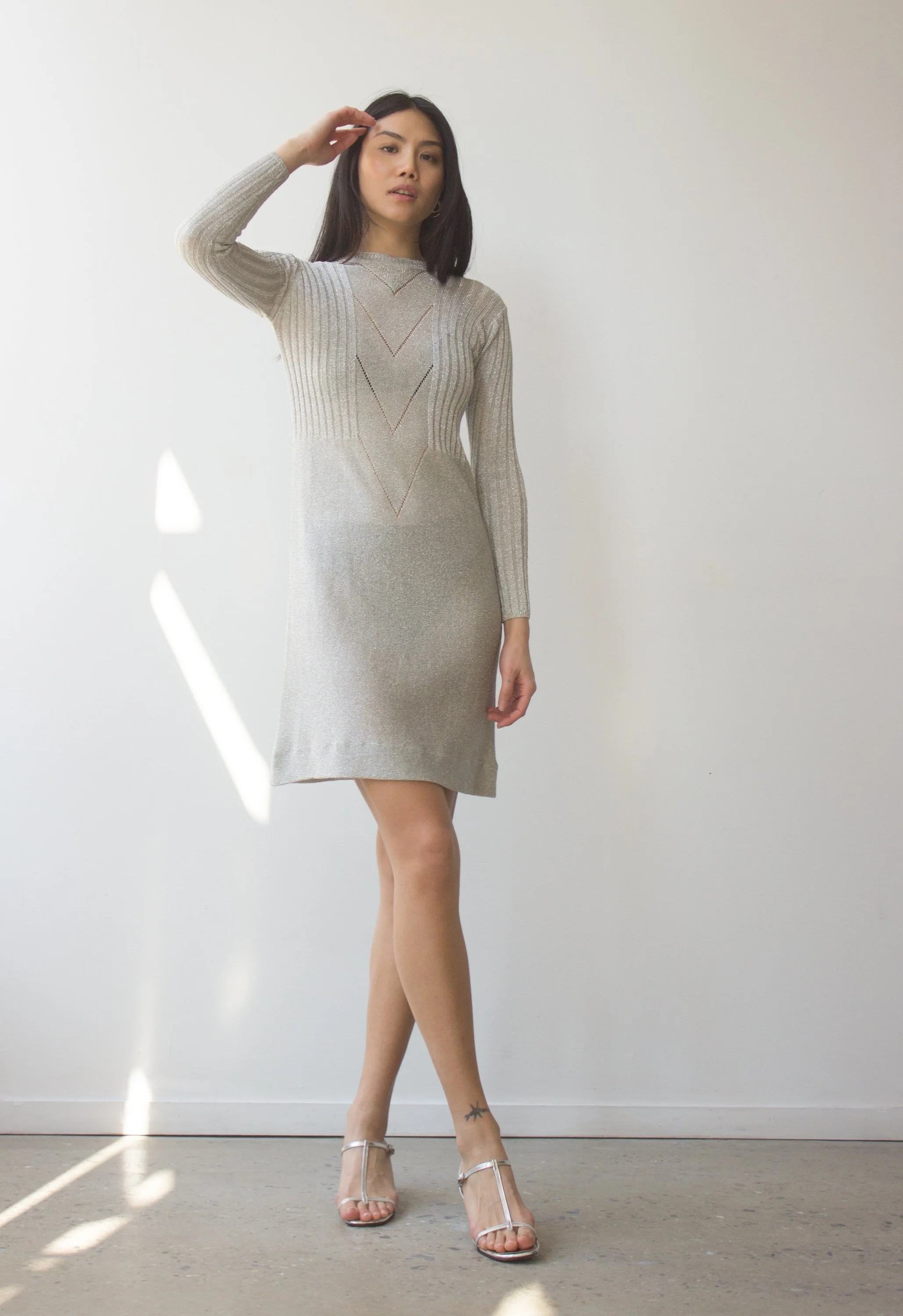 1960s Saks Fifth Avenue Silver Lurex Knit Mini Dress  Wayward Collection