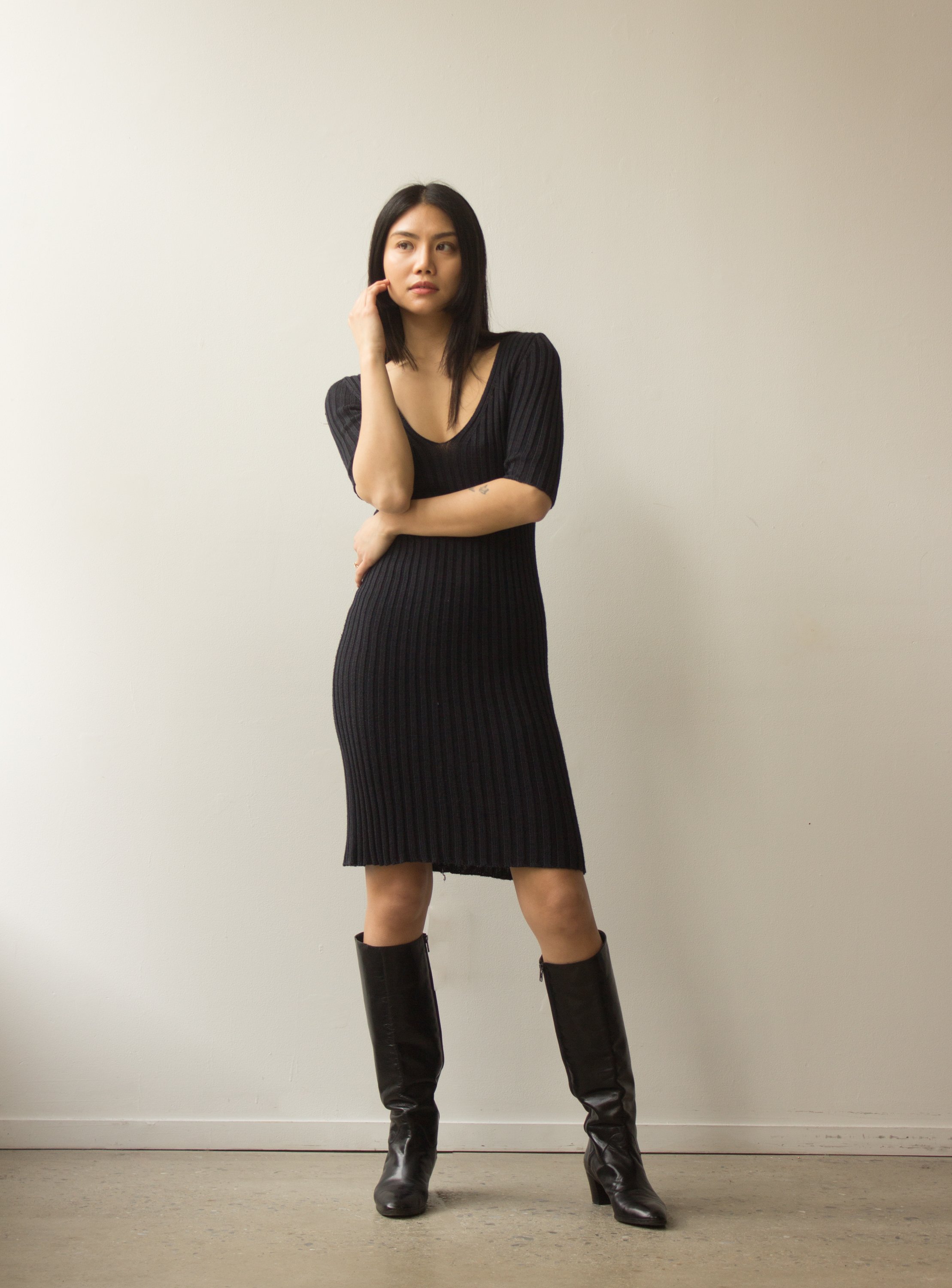 claude knit dress 1980s Claude Montana Ribbed Cotton Knit Dress Wayward Collection