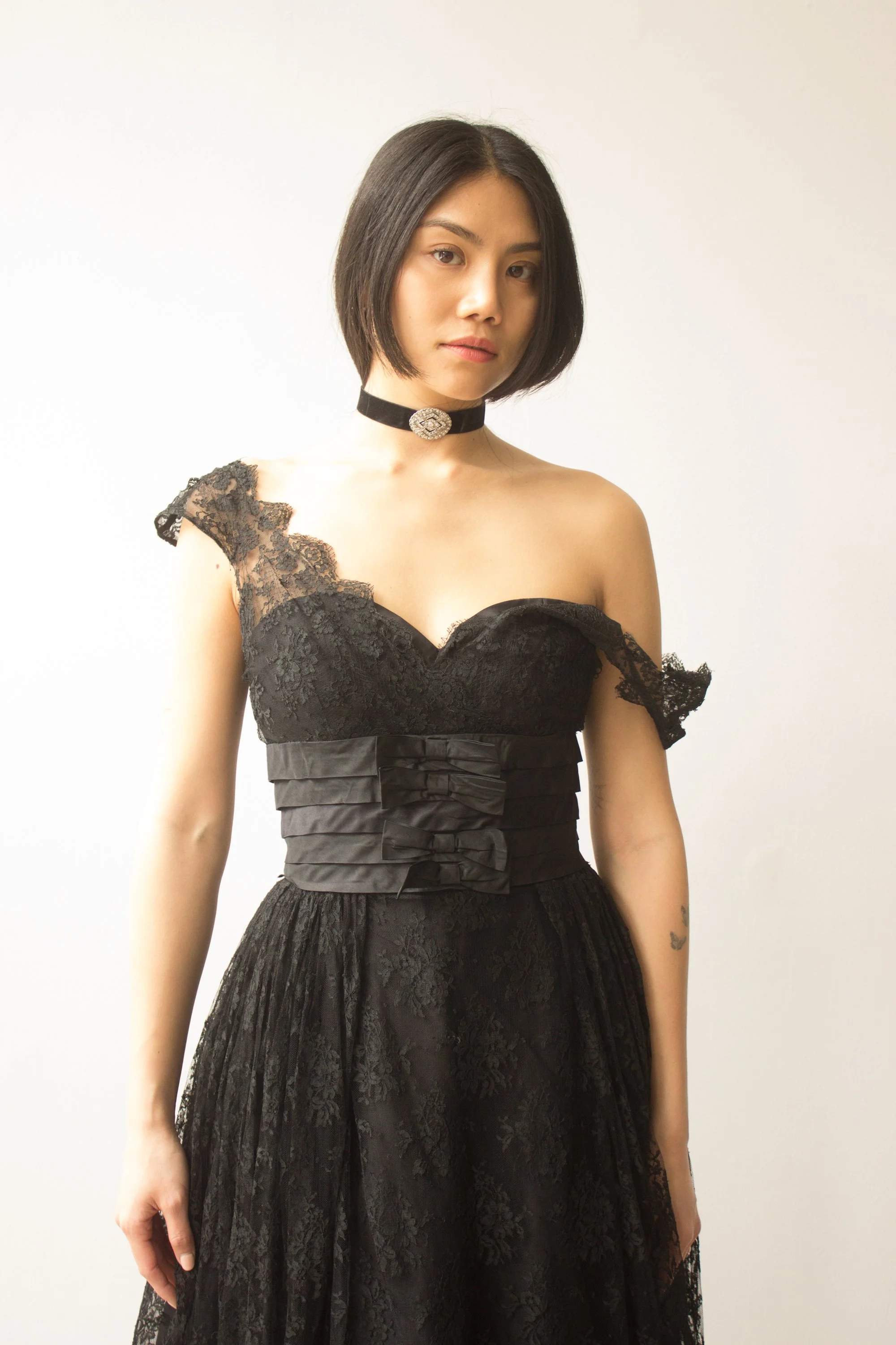 chinese dress ladies White Square Collar Puff Sleeve 1950s Lace Dress, White / M main image 1
