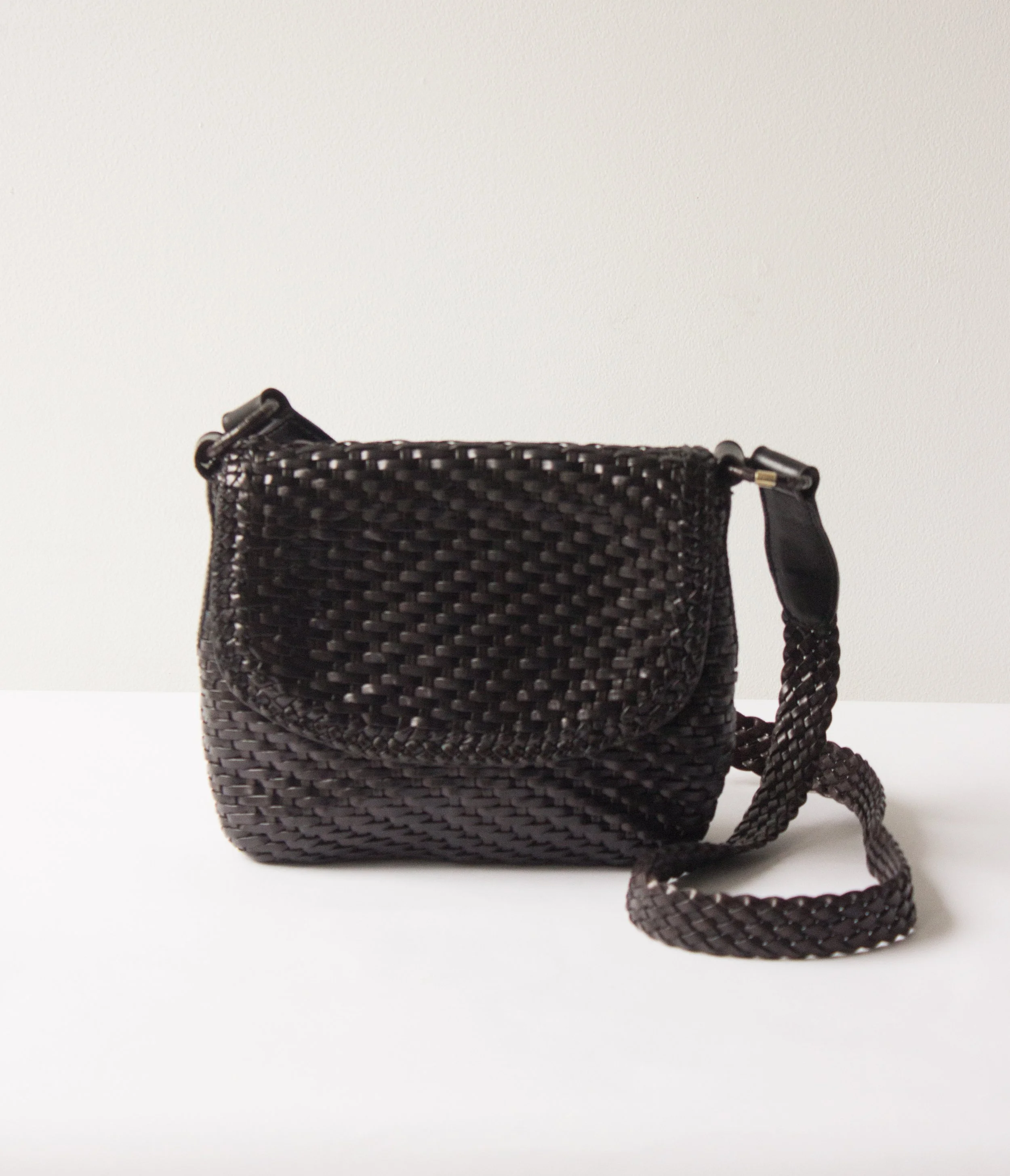 1980s Espresso Leather Basket Woven Crossbody Bag — Wayward Collection