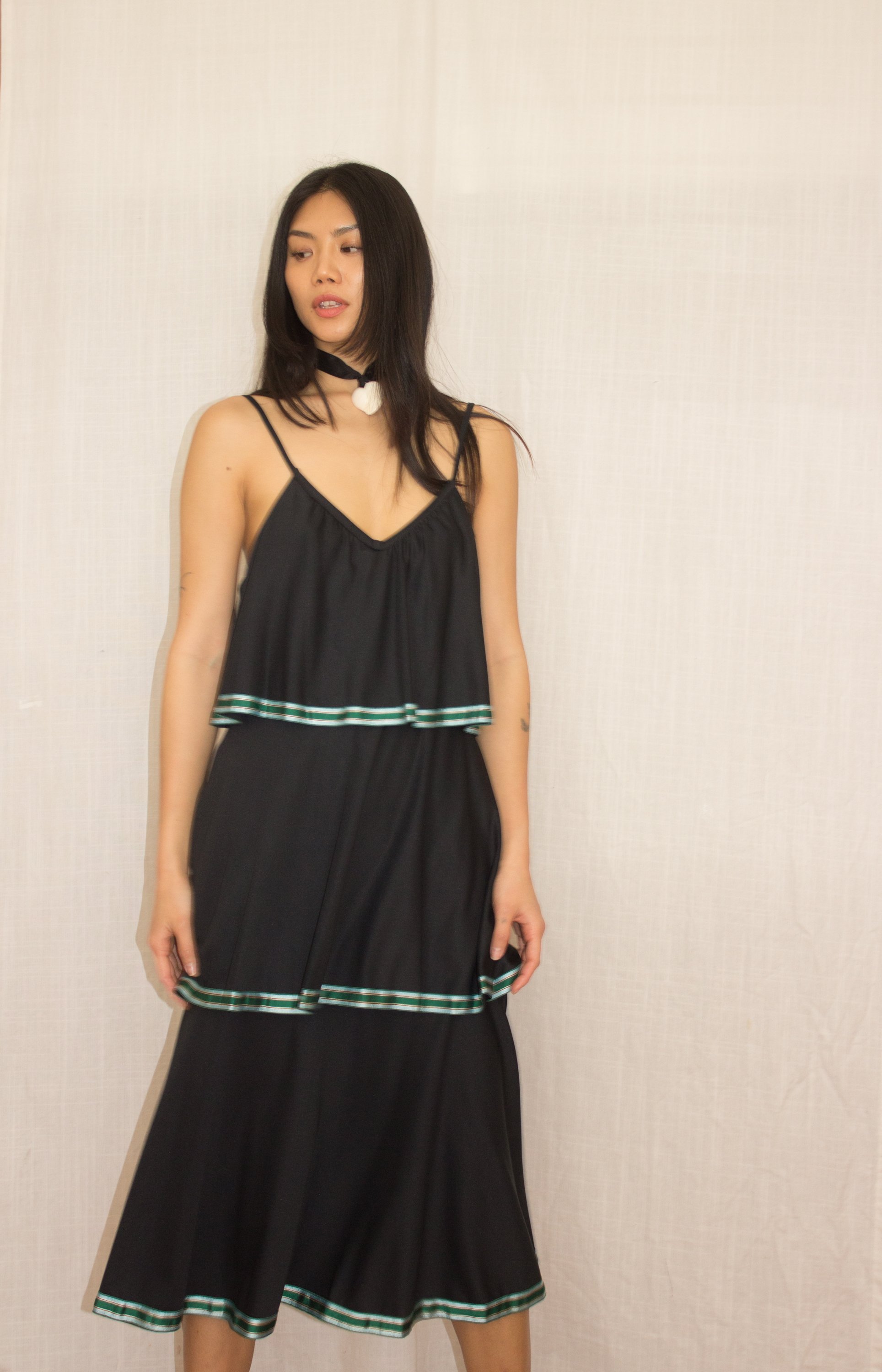 1970s Ribbon Trimmed Tiered Jersey Summer Dress Wayward Collection 1970s Ribbon Trimmed Tiered Jersey Summer Dress Wayward Collection