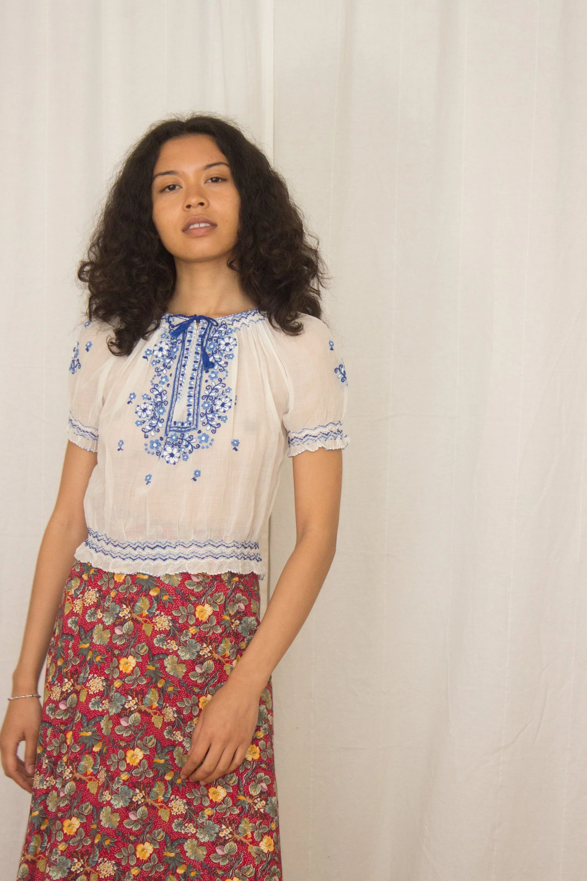1930s Hungarian Blue Embroidered Cotton Voile Peasant Top — Wayward