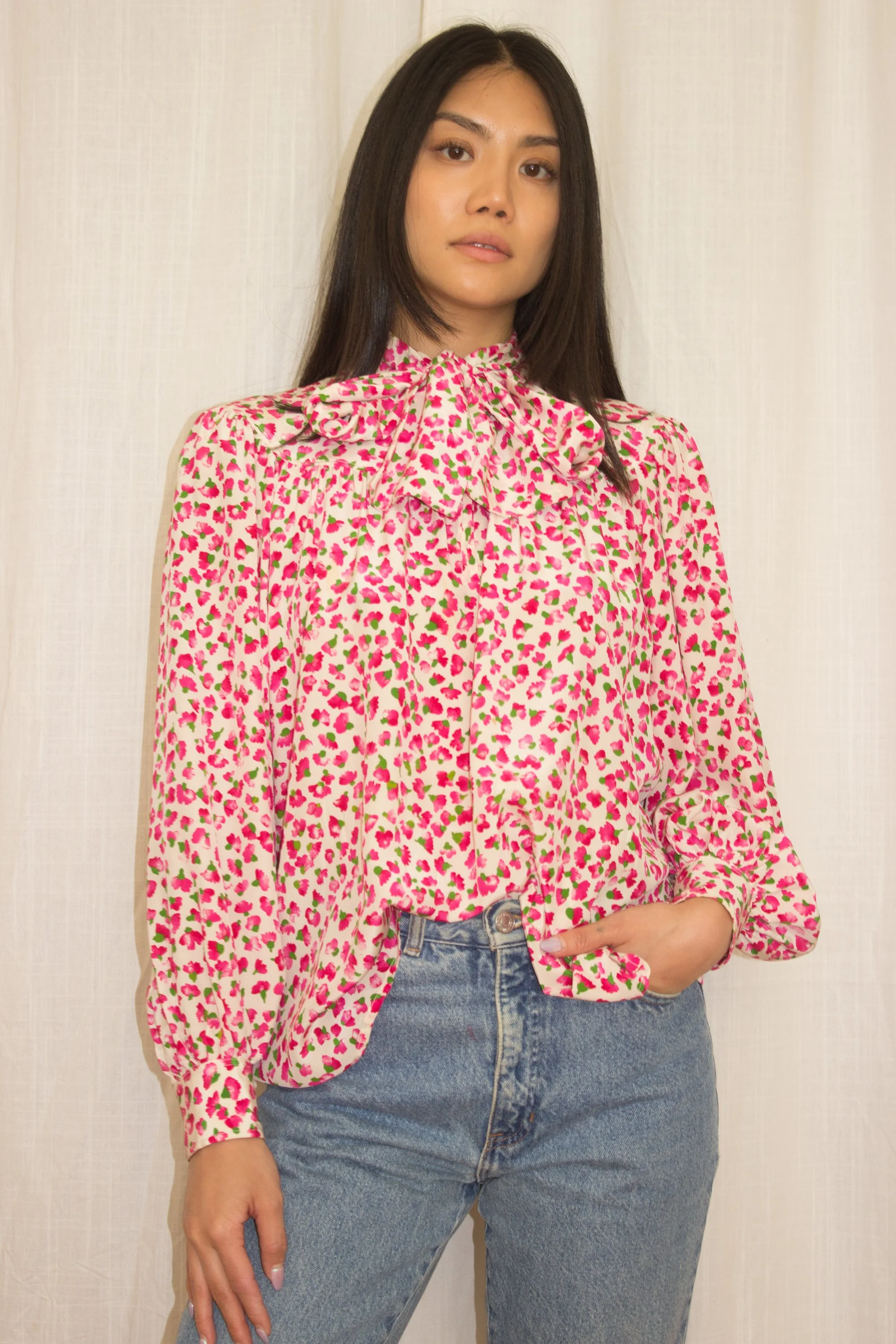 1970s Yves Saint Laurent Rive Gauche Tulip Print Silk Blouse 