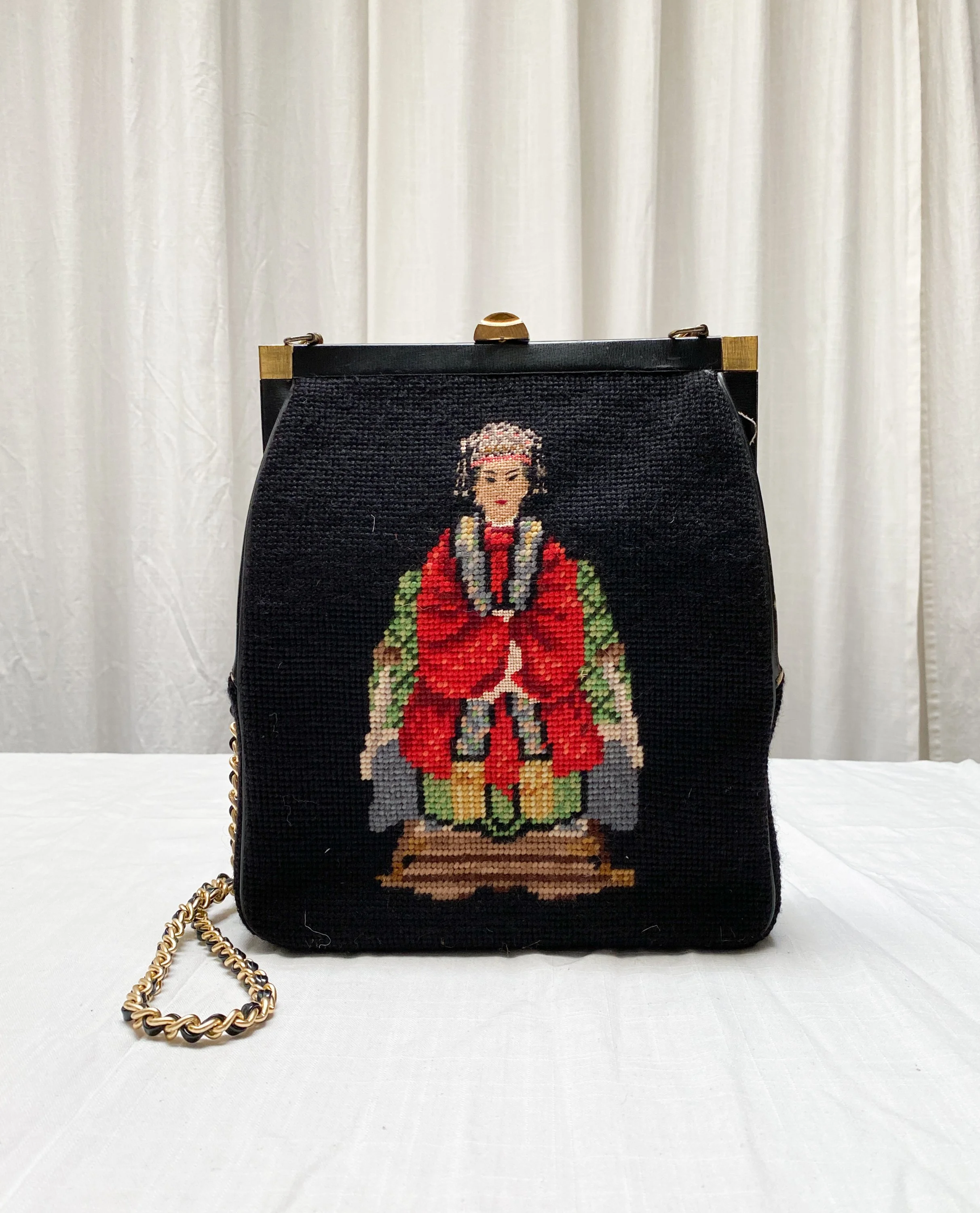 1950s Chinese Emperor and Empress Needlepoint Box Purse