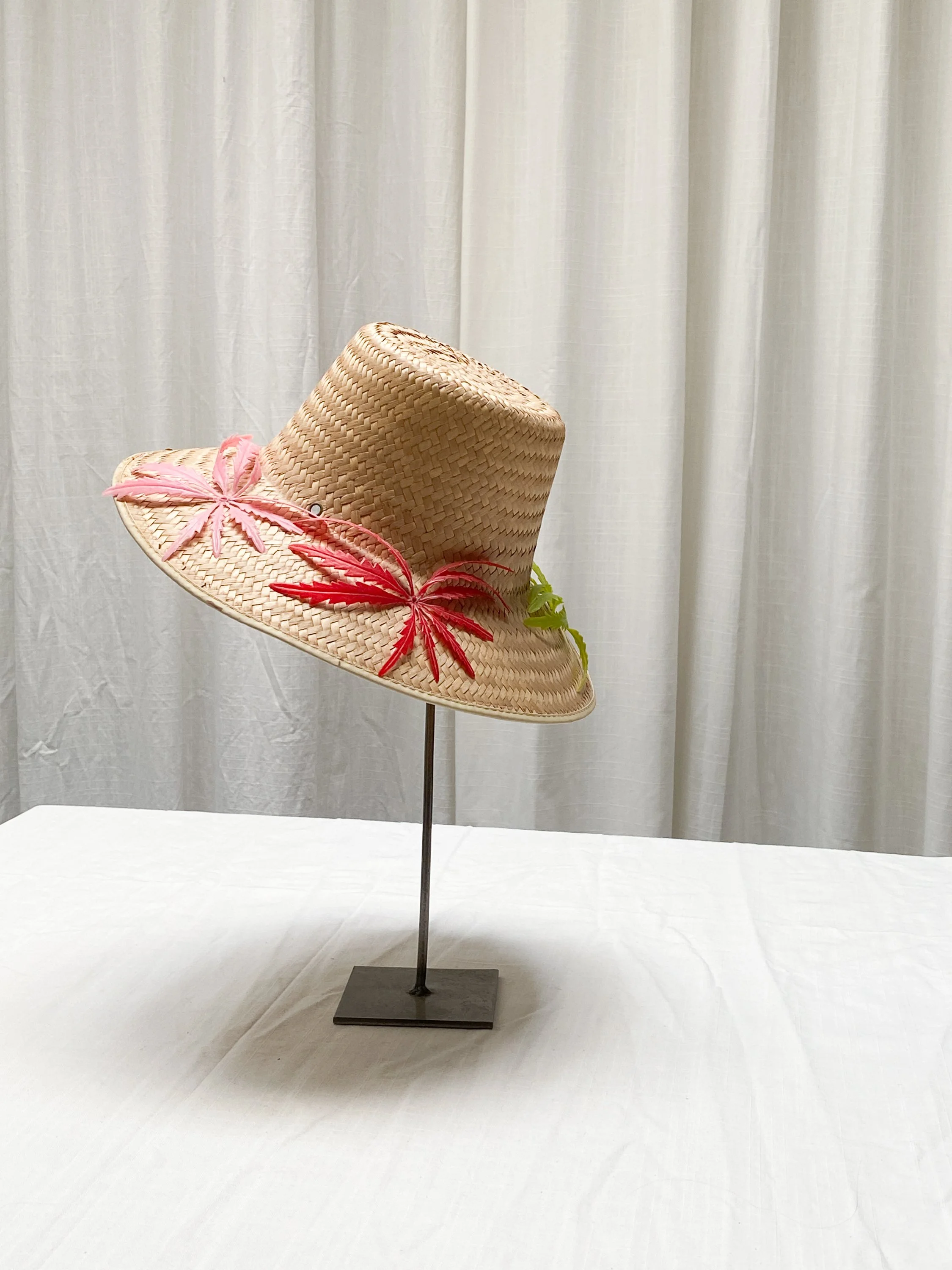 Vintage Red Straw Hat with Floral Stem Leaves 1960s Union Made Women\'s Cap Artsy Vintage Floral Straw Bucket Hat, 1950s-60s Hat, Vintage Hat  main image 4
