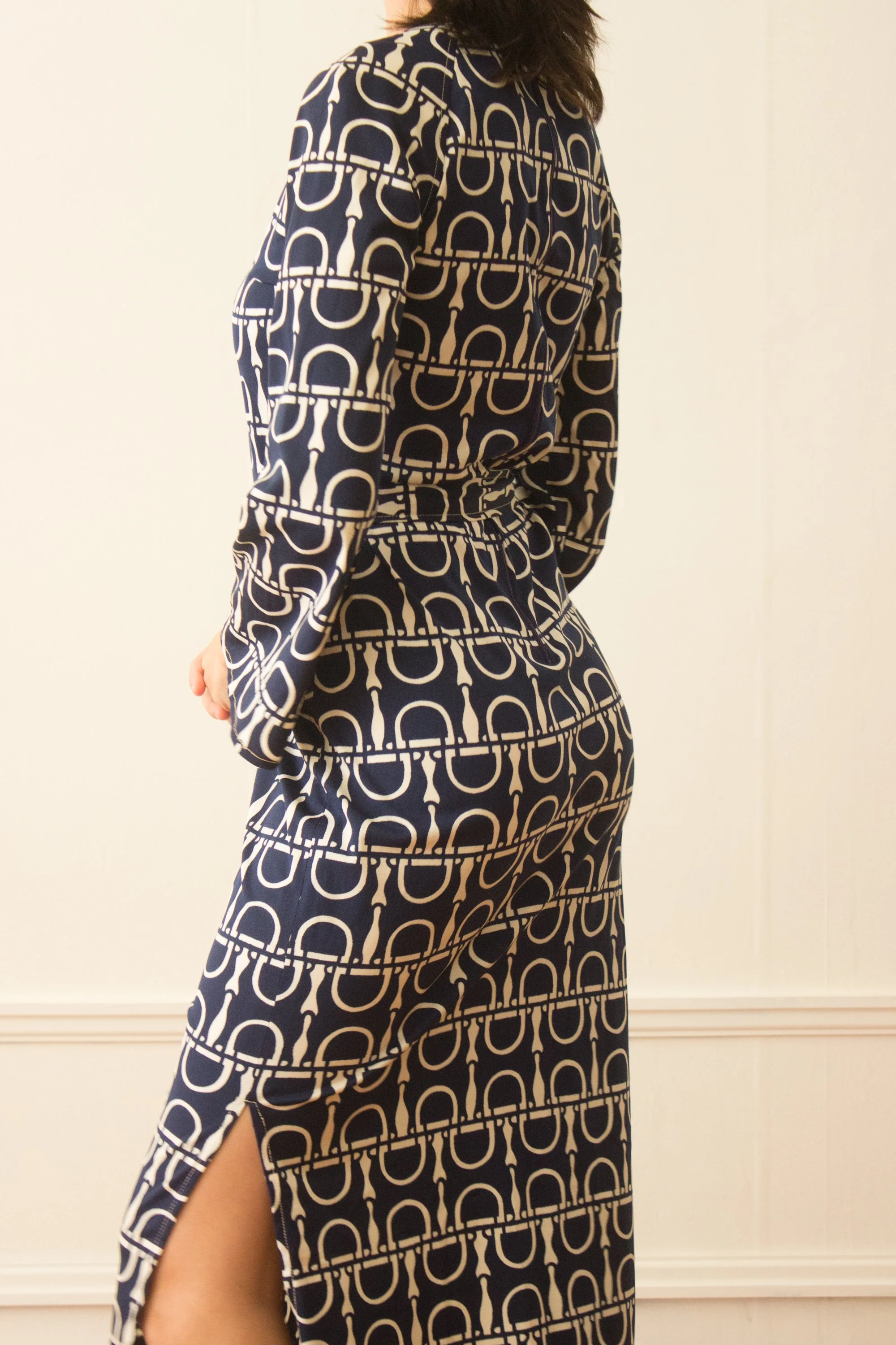 1970s Horsebit Print Jersey Bell Sleeve Maxi Dress  Wayward Collection