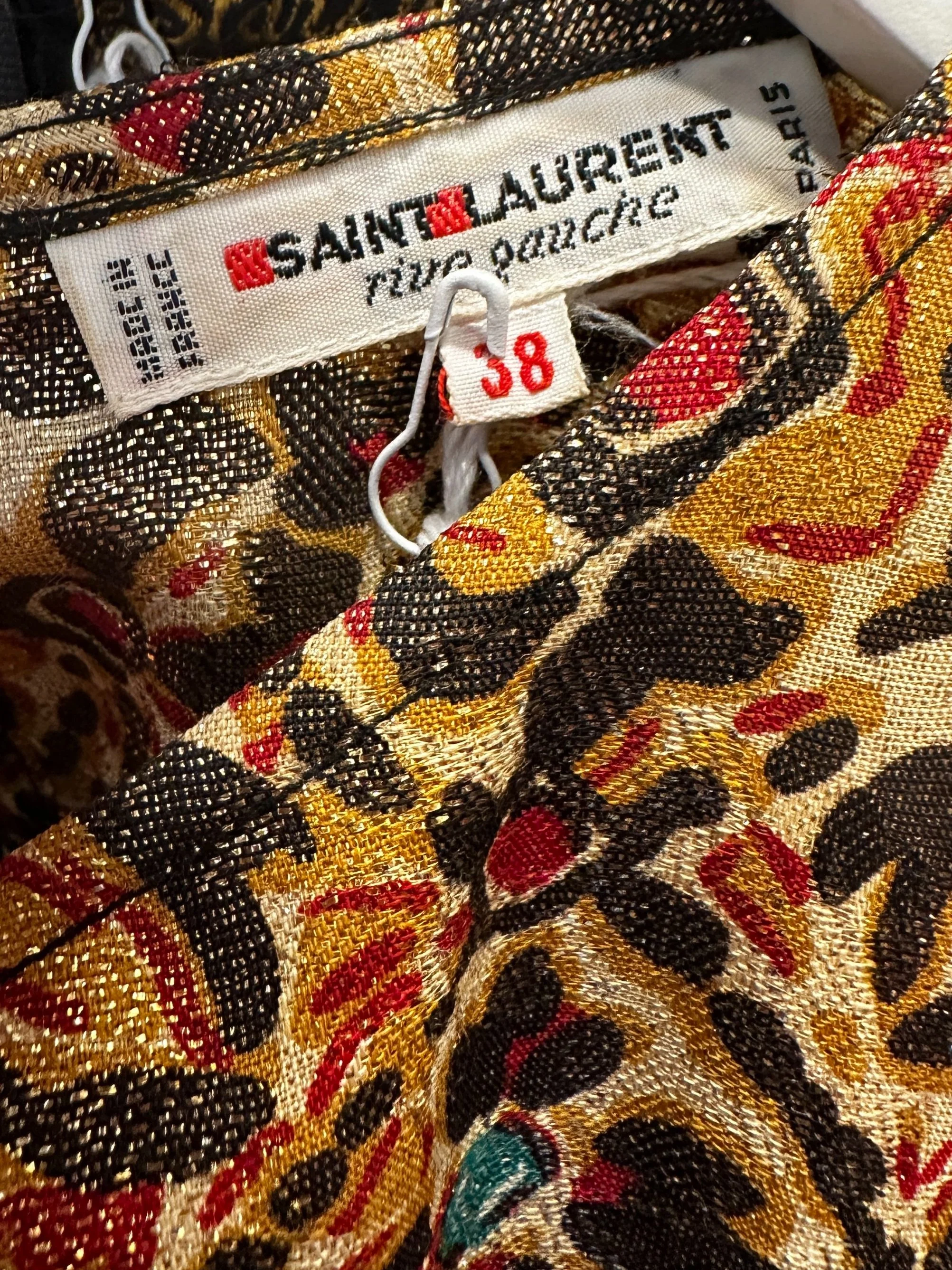 1980s Yves Saint Laurent Rive Gauche Jewel Print Gold Lamé 
