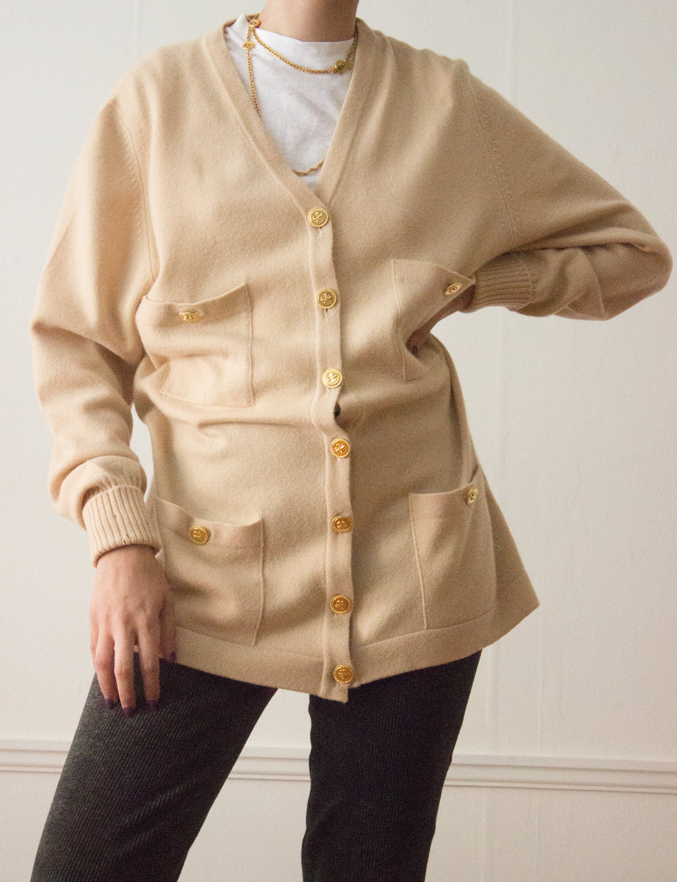 1990s Chanel Warm Creme Cashmere Cardigan with Lucky Buttons — Wayward  Collection