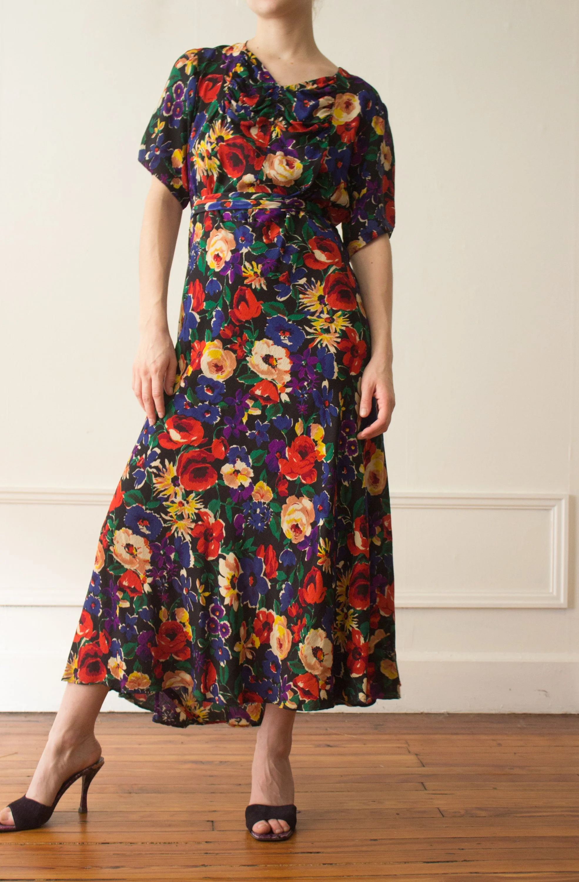 knee length dresses for ladies EXQUISITE 1930s Floral Chiffon BIAS CUT Maxi Dress – Honeywood