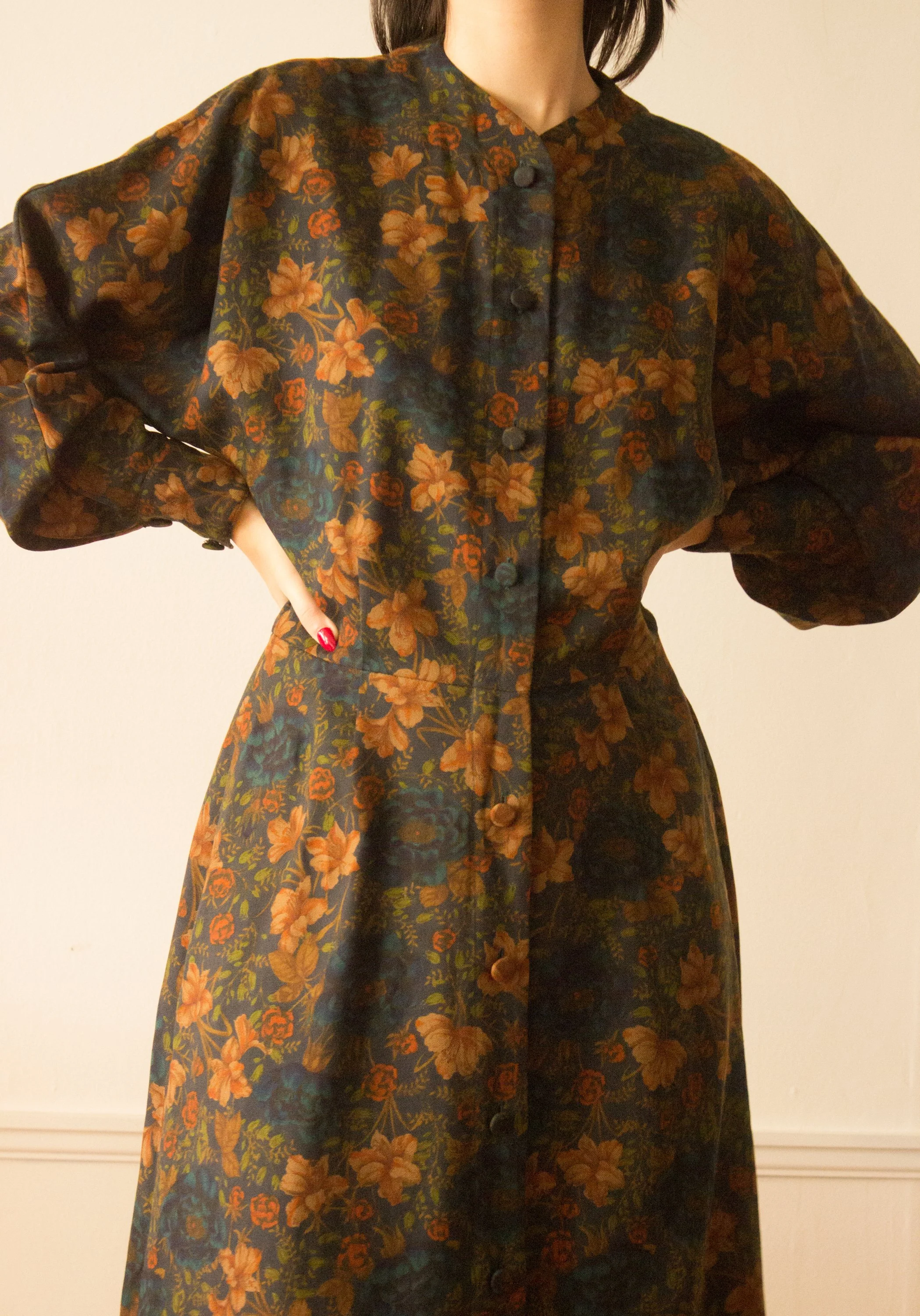 1970s Calvin Klein Dark Floral Wool Crepe Dress  Wayward Collection