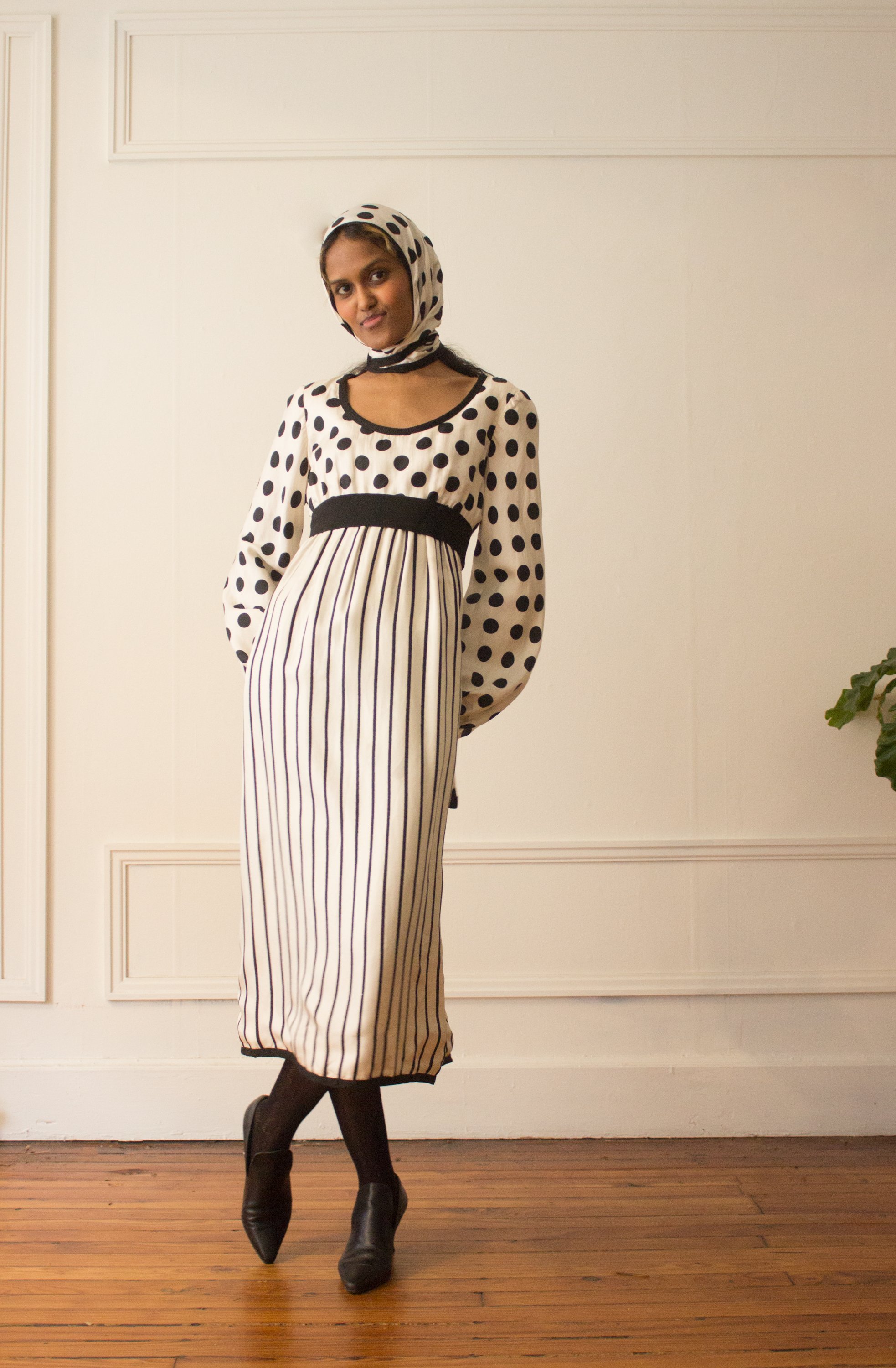 1960s Silk Dot and Stripe Bishop Sleeve Dress  Wayward Collection