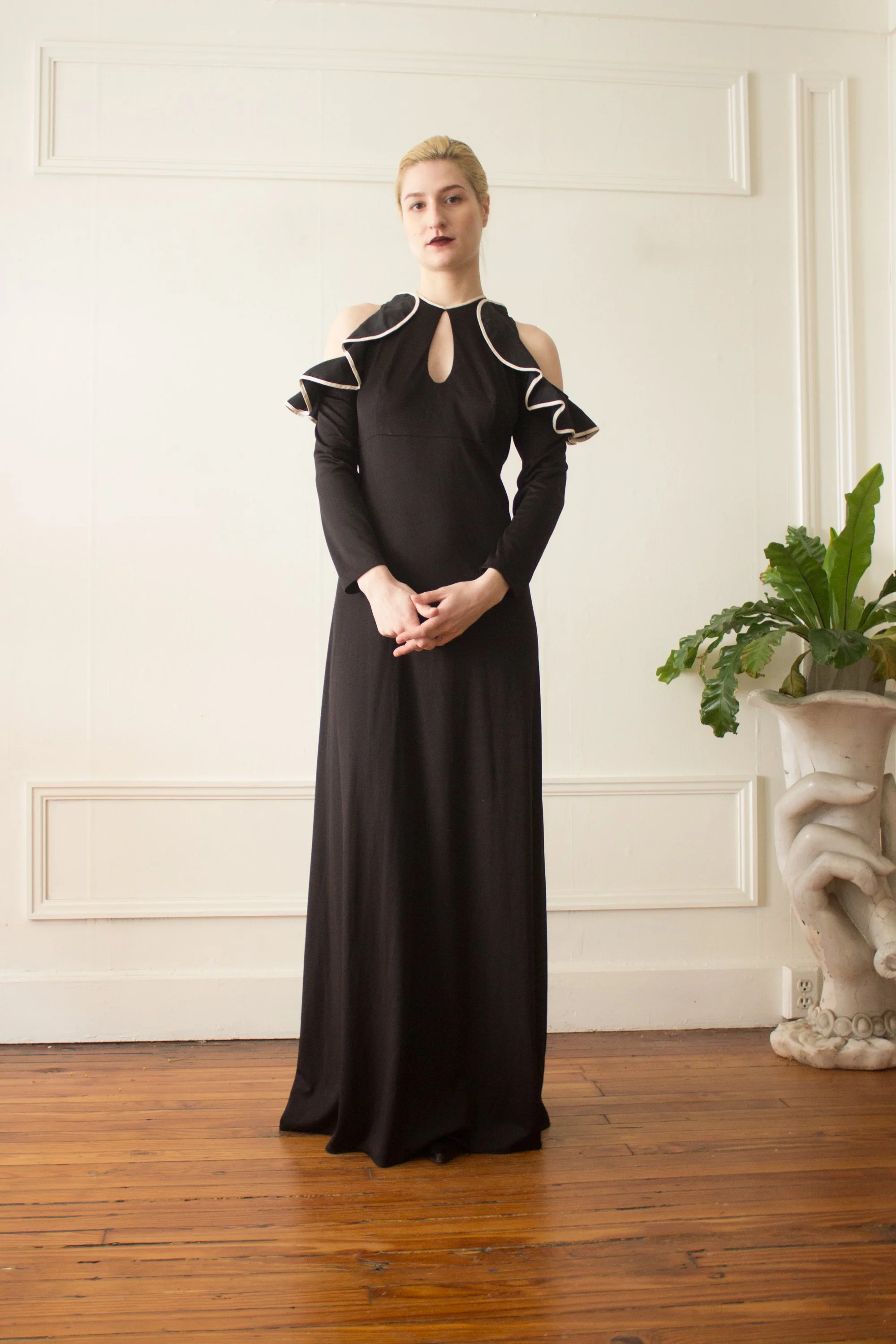 ossie clark black dress Ossie Clark, 70s black crepe wrap over dress – Peekaboo Vintage Marketplace