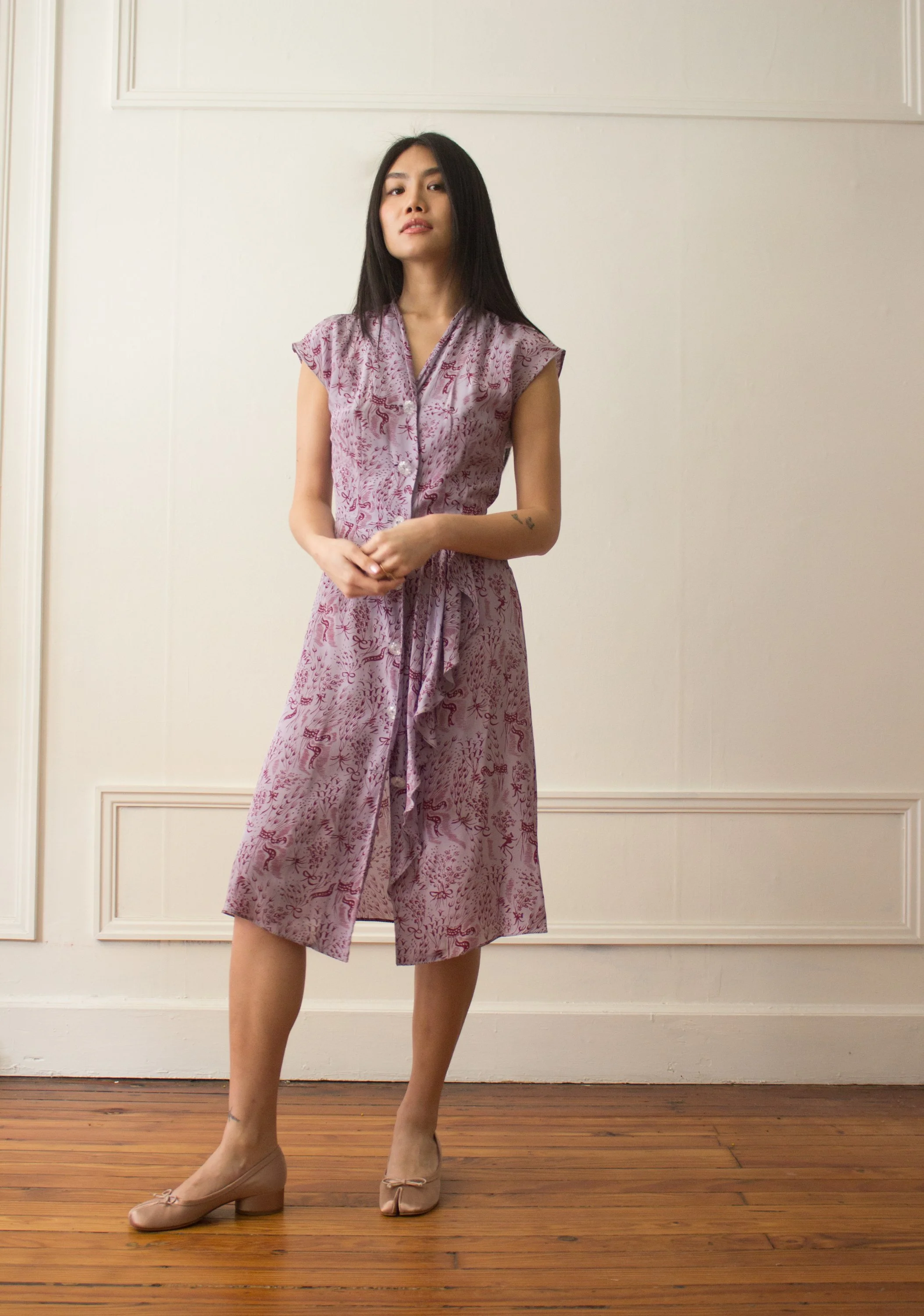 anna sui purple dress 1990s Anna Sui 40s-Inspired Cold Rayon Printed Dress — Wayward Collection