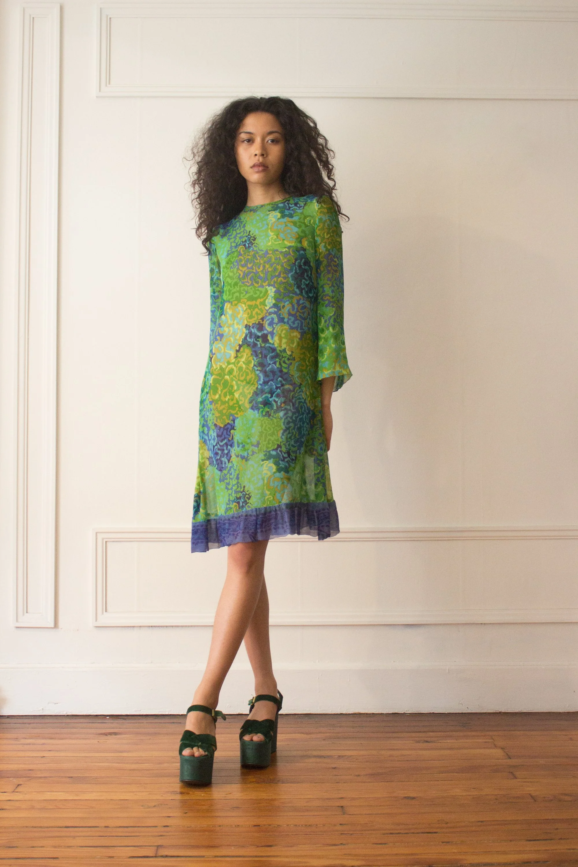 slim fit dress slacks Sheer Lime Green Chiffon Cape Dress with High Neck main image 1