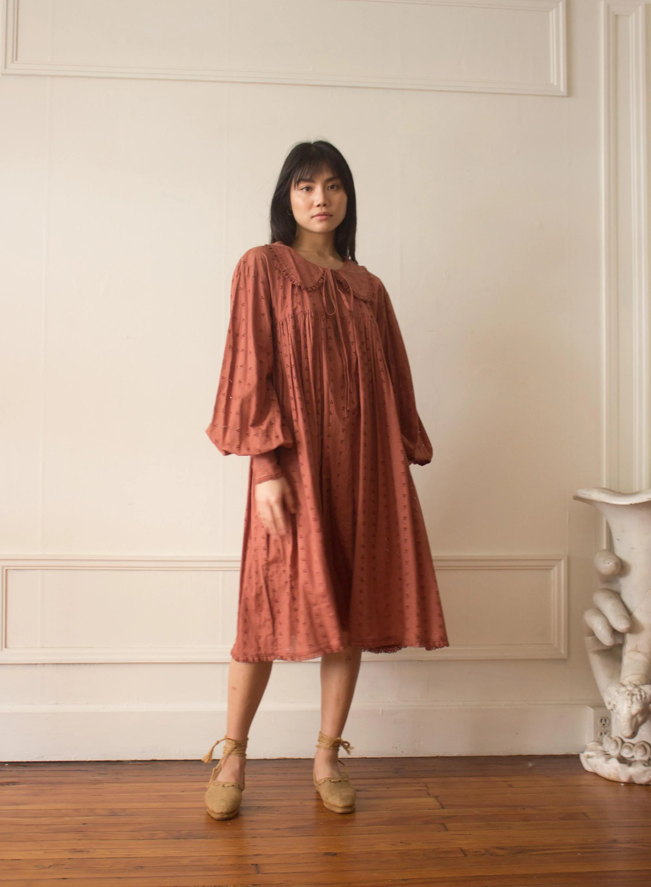 1990s Bella Freud Biba Terracotta Eyelet Smock Dress  Wayward Collection