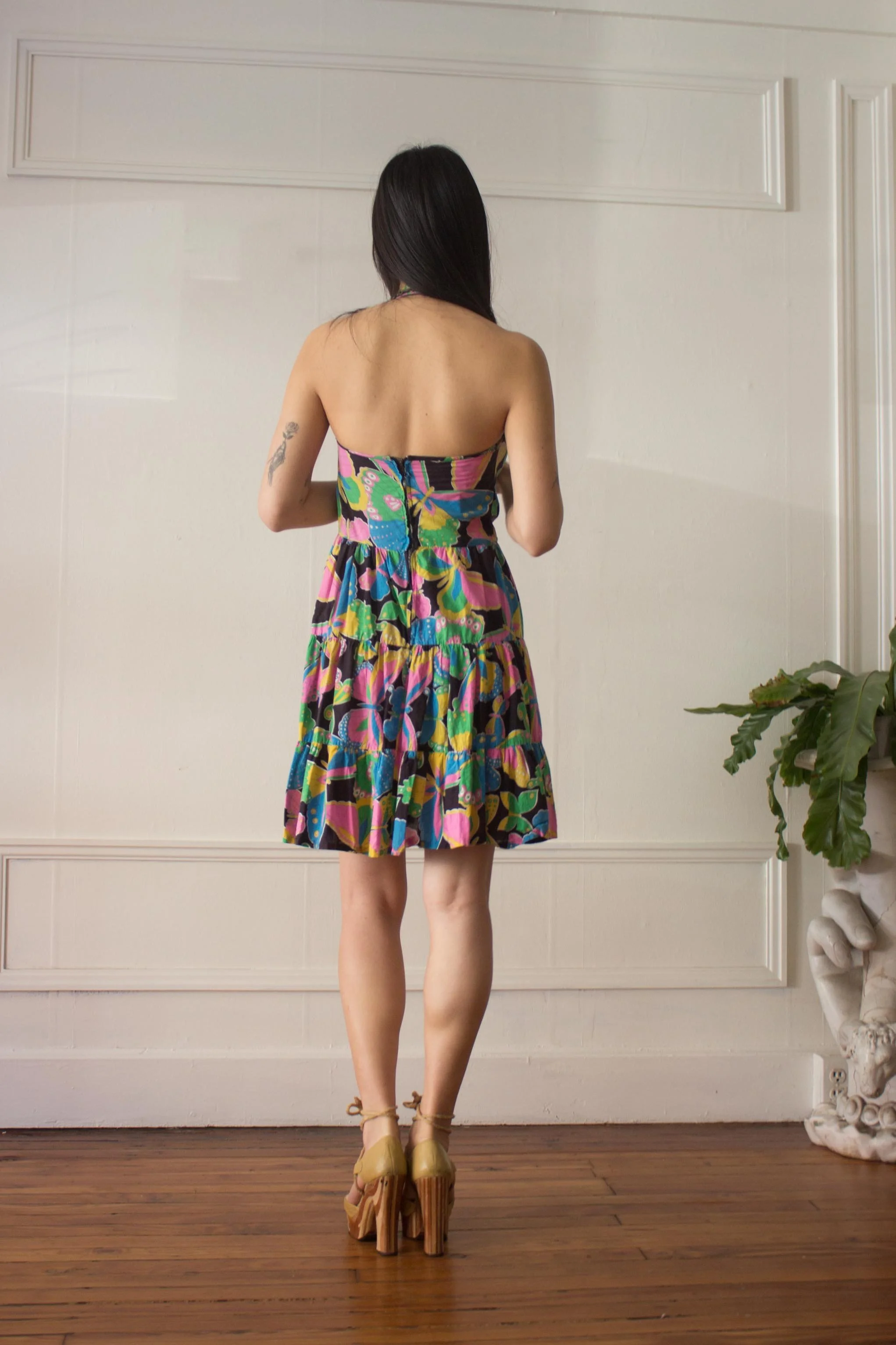 Early 1970s Butterfly Print Voile Cotton Halter Dress  Wayward Collection