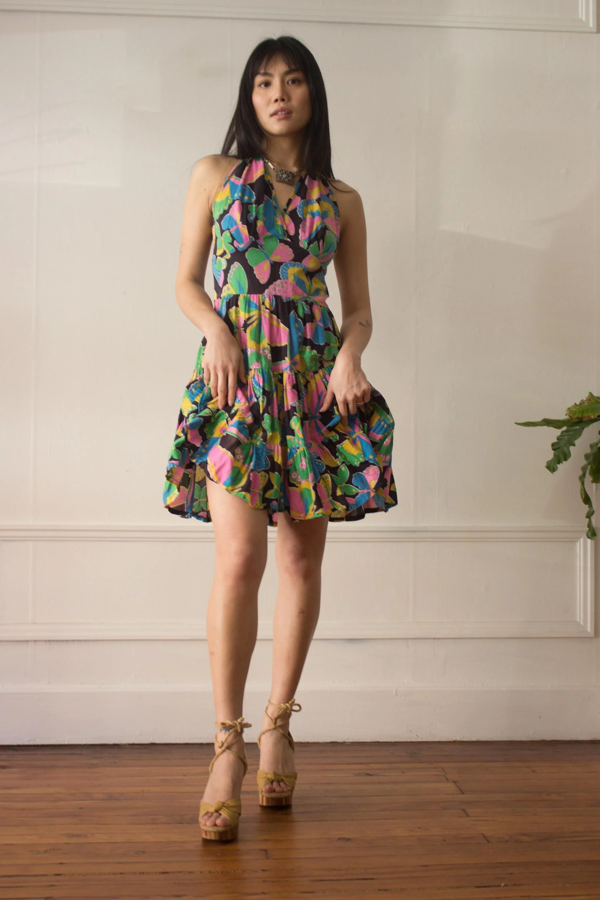Early 1970s Butterfly Print Voile Cotton Halter Dress  Wayward Collection