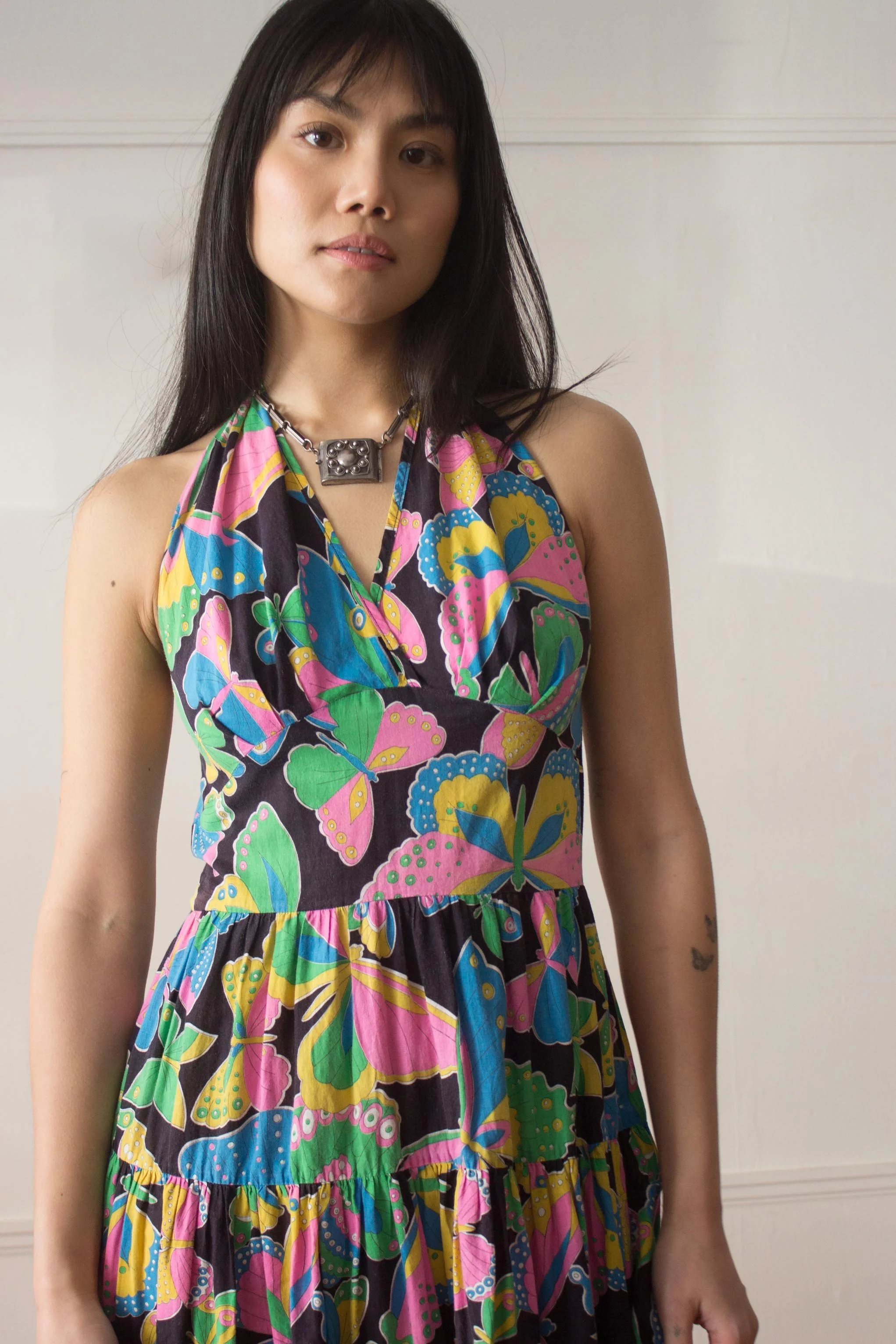 Early 1970s Butterfly Print Voile Cotton Halter Dress  Wayward Collection
