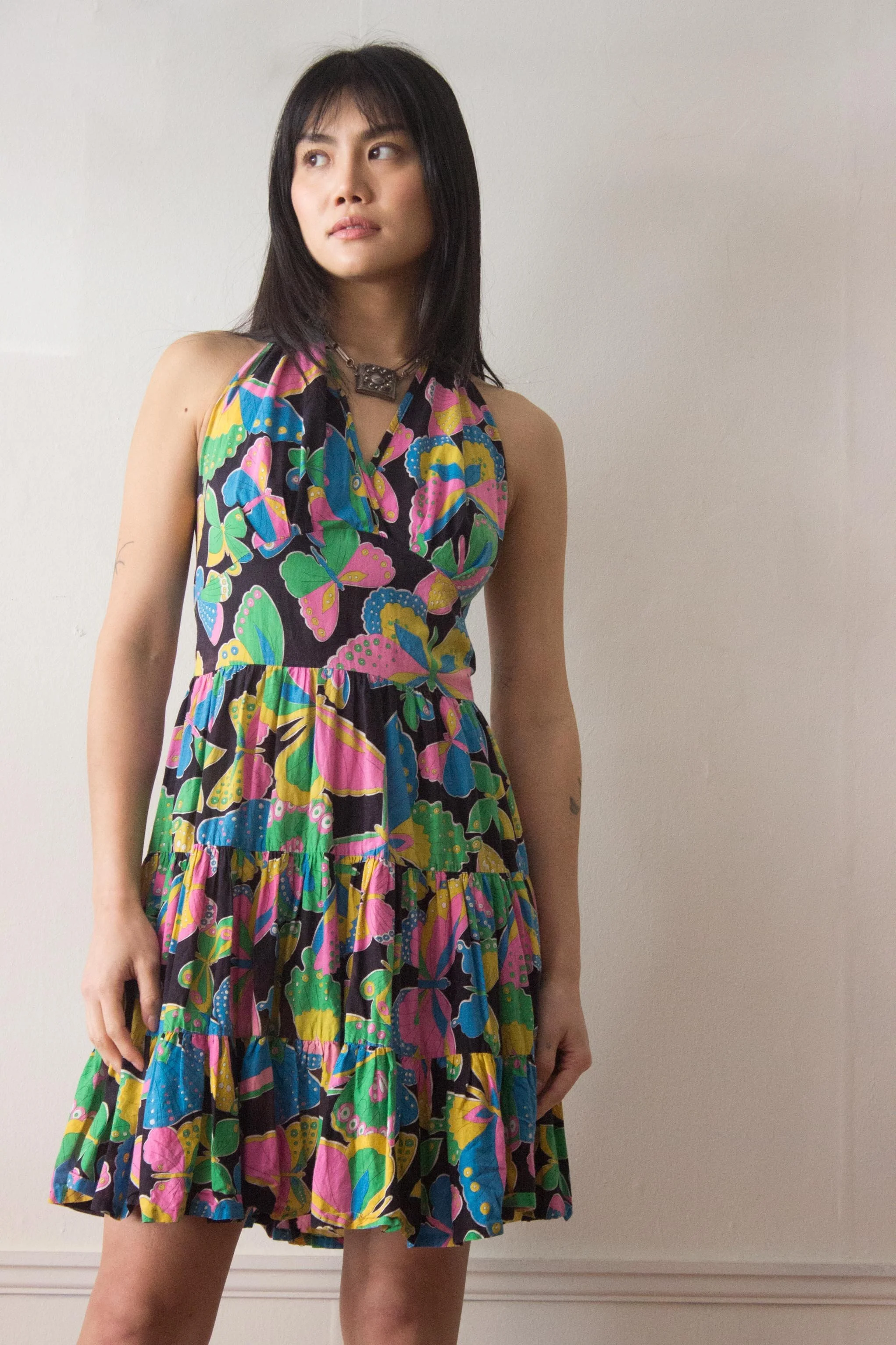 Early 1970s Butterfly Print Voile Cotton Halter Dress  Wayward Collection