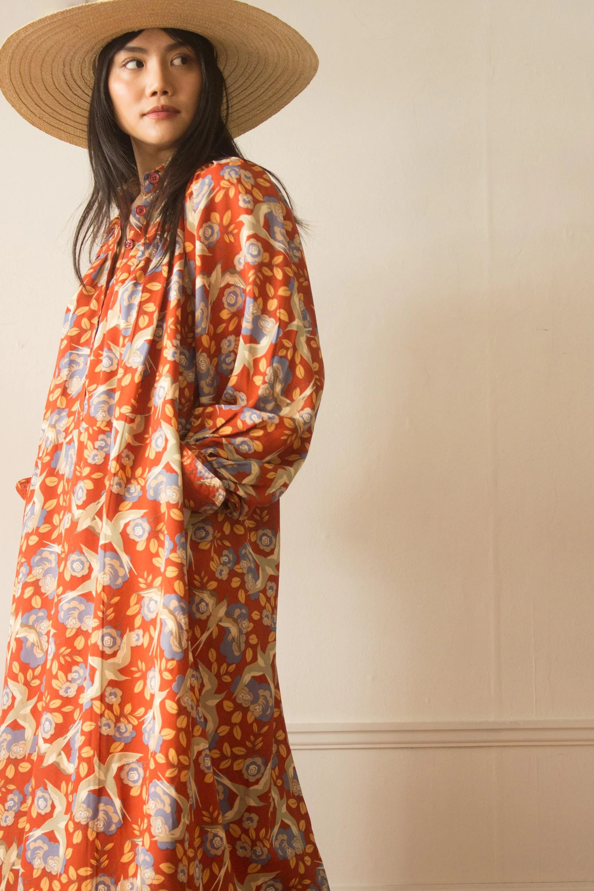 1970s French Rayon Crepe Bird and Floral Print Smock Dress Wayward Collection 1970s French Rayon Crepe Bird and Floral Print Smock Dress Wayward Collection