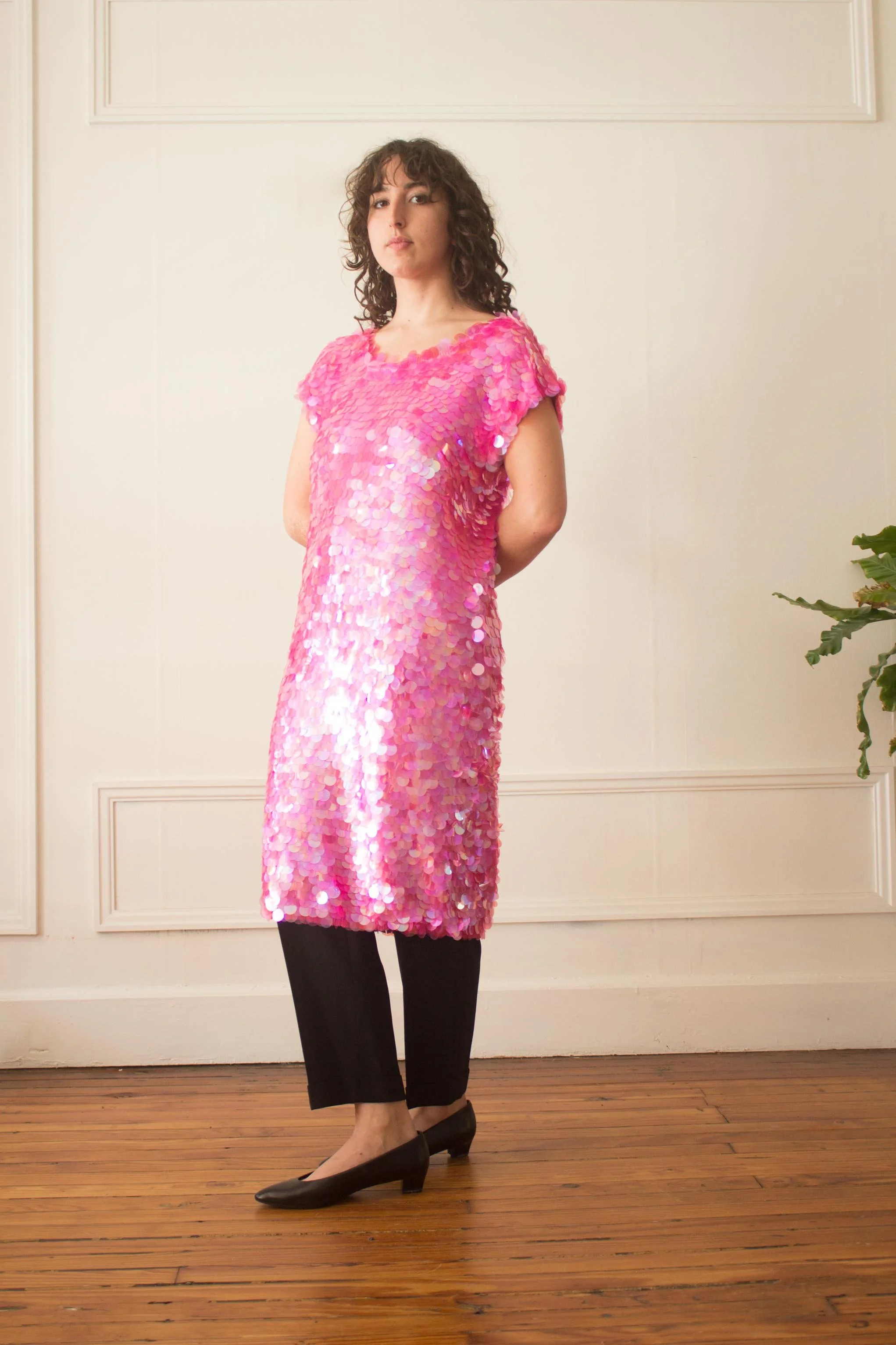 1990s Norma Kamali Pink Paillette Knit Dress  Wayward Collection