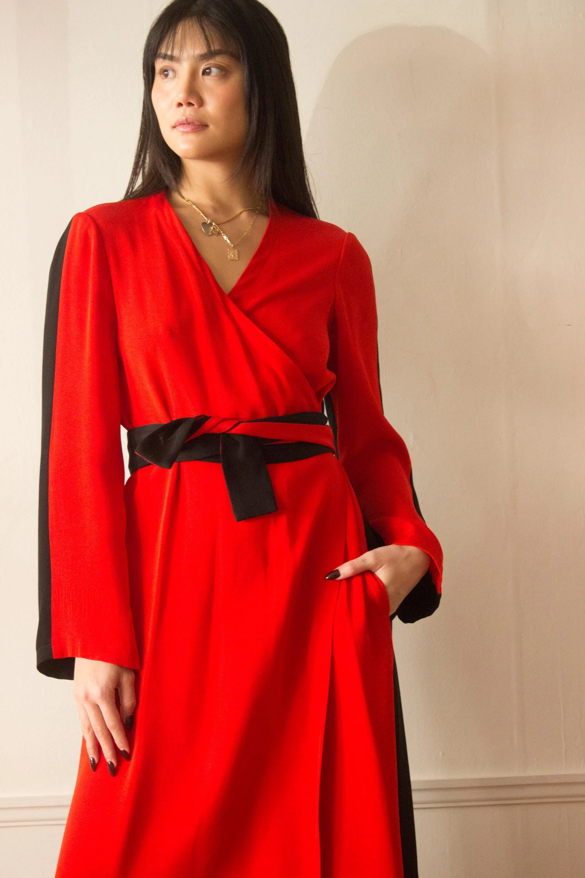 red and black wrap dress Joseph Ribkoff Black/Red Abstract Print Wrap Dress Style 254088