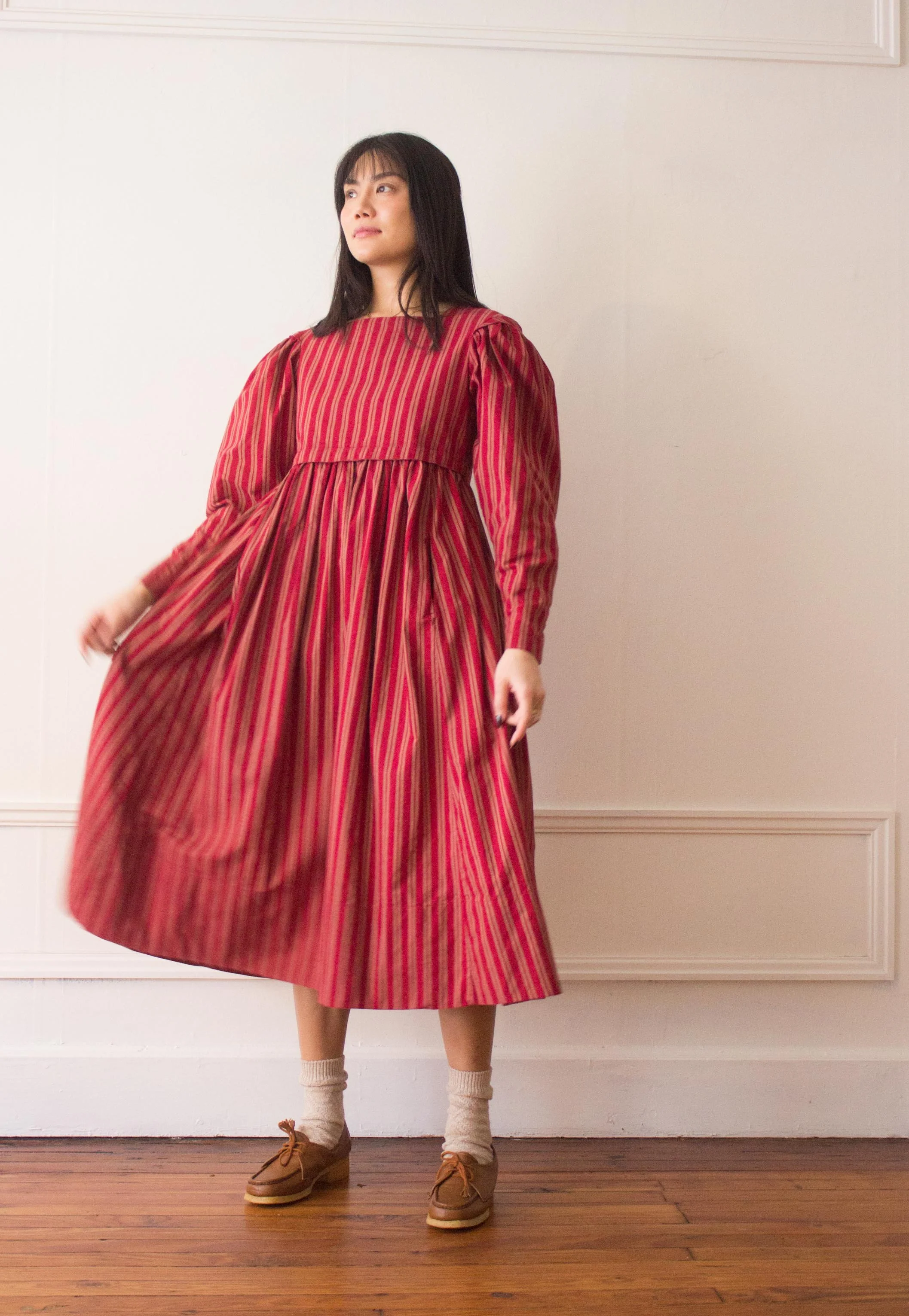 Early 1980s Laura Ashley Red and Tan Striped Cotton Empire Dress  Wayward  Collection