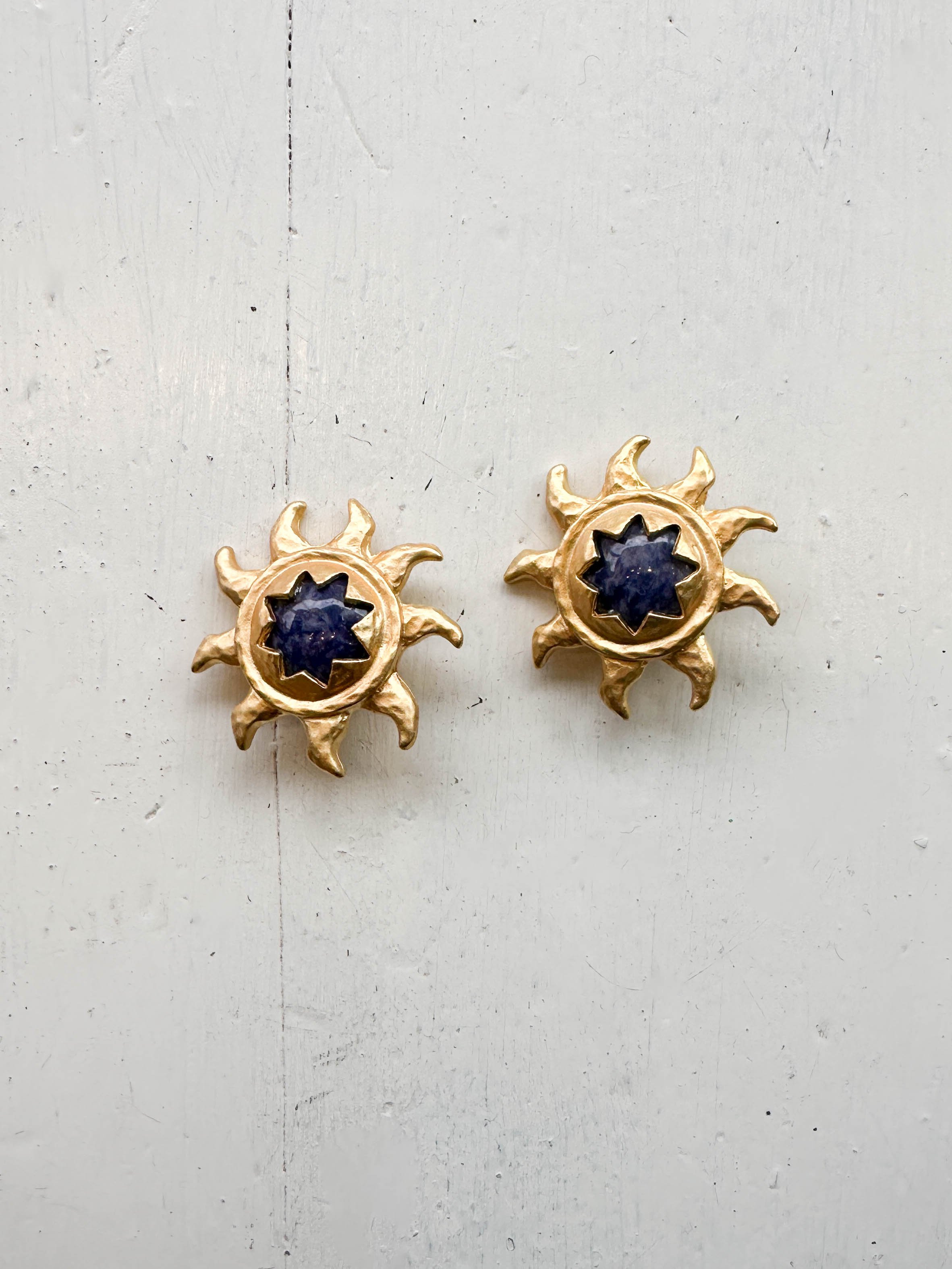 1980s Gold and Lapis Costume Sun Clip Earrings
