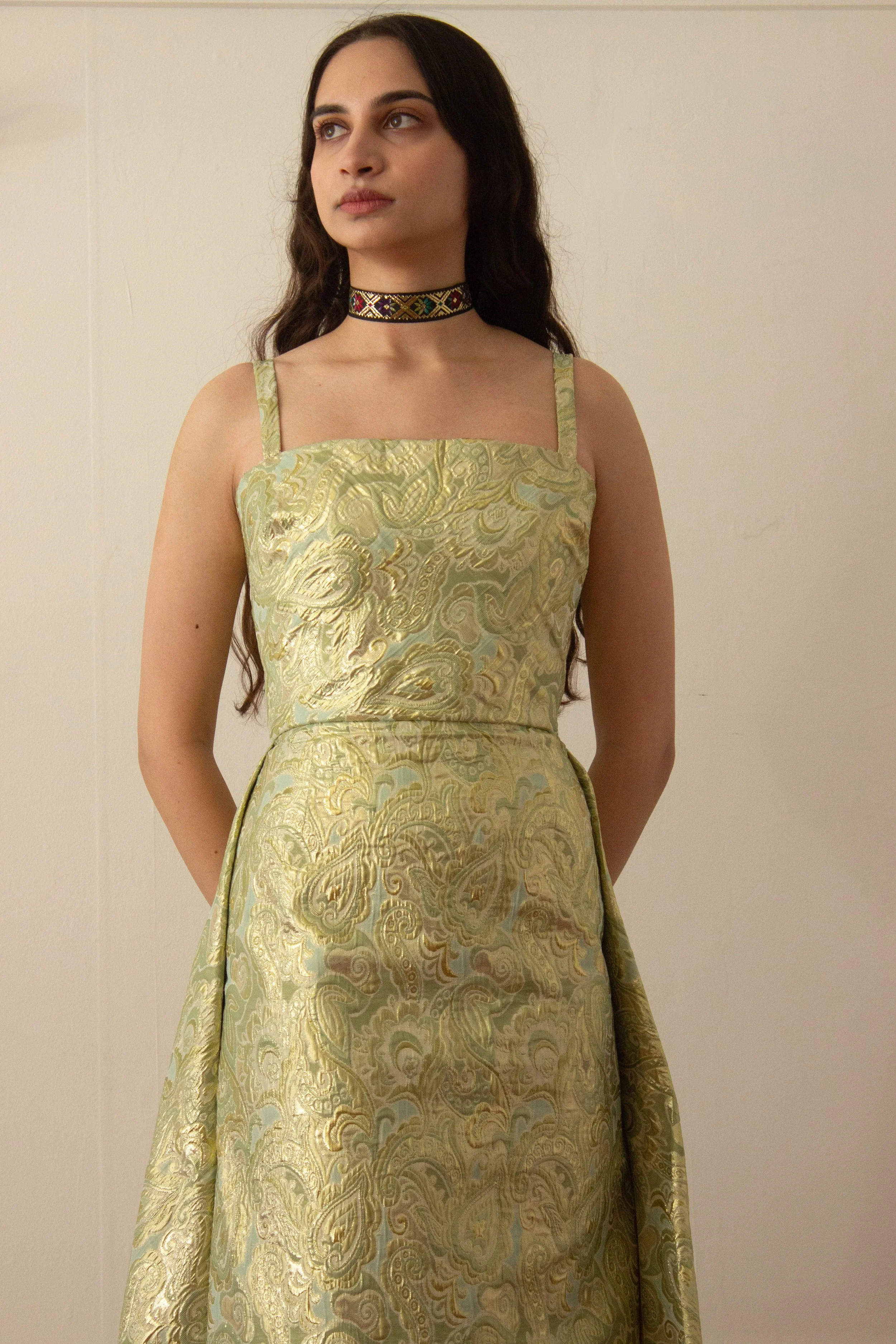 slim fit dress slacks Jacquard Woven Mini Dress in Gold Small