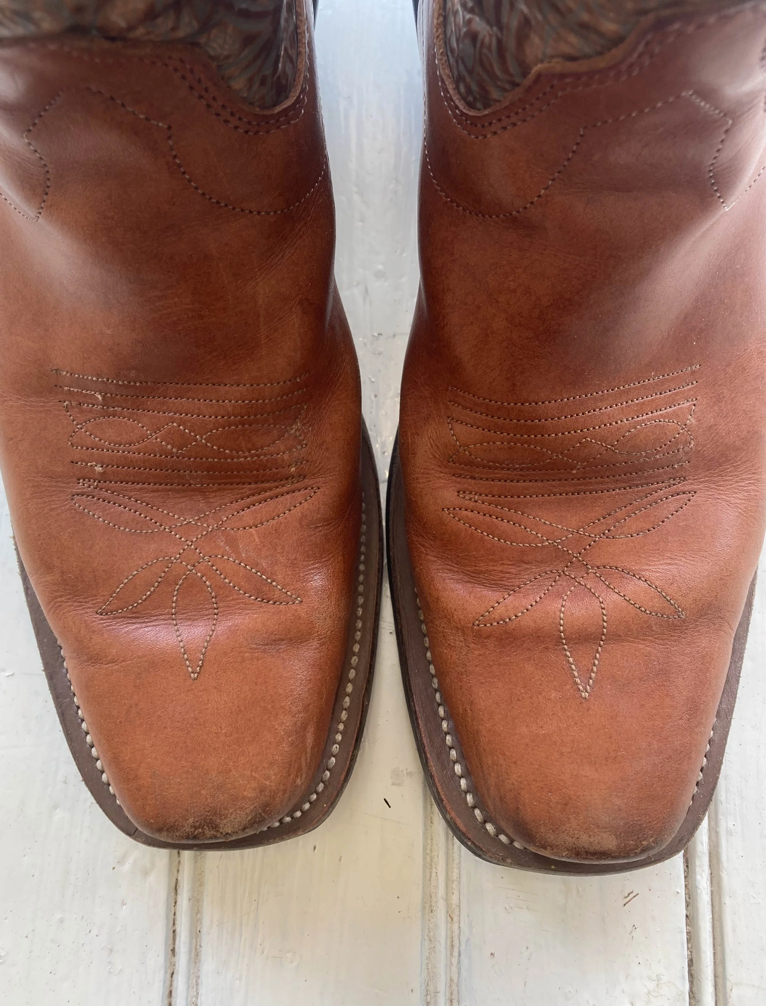 1990s Gold Stamped Leather Square Toe Cowboy Boots  Wayward Collection