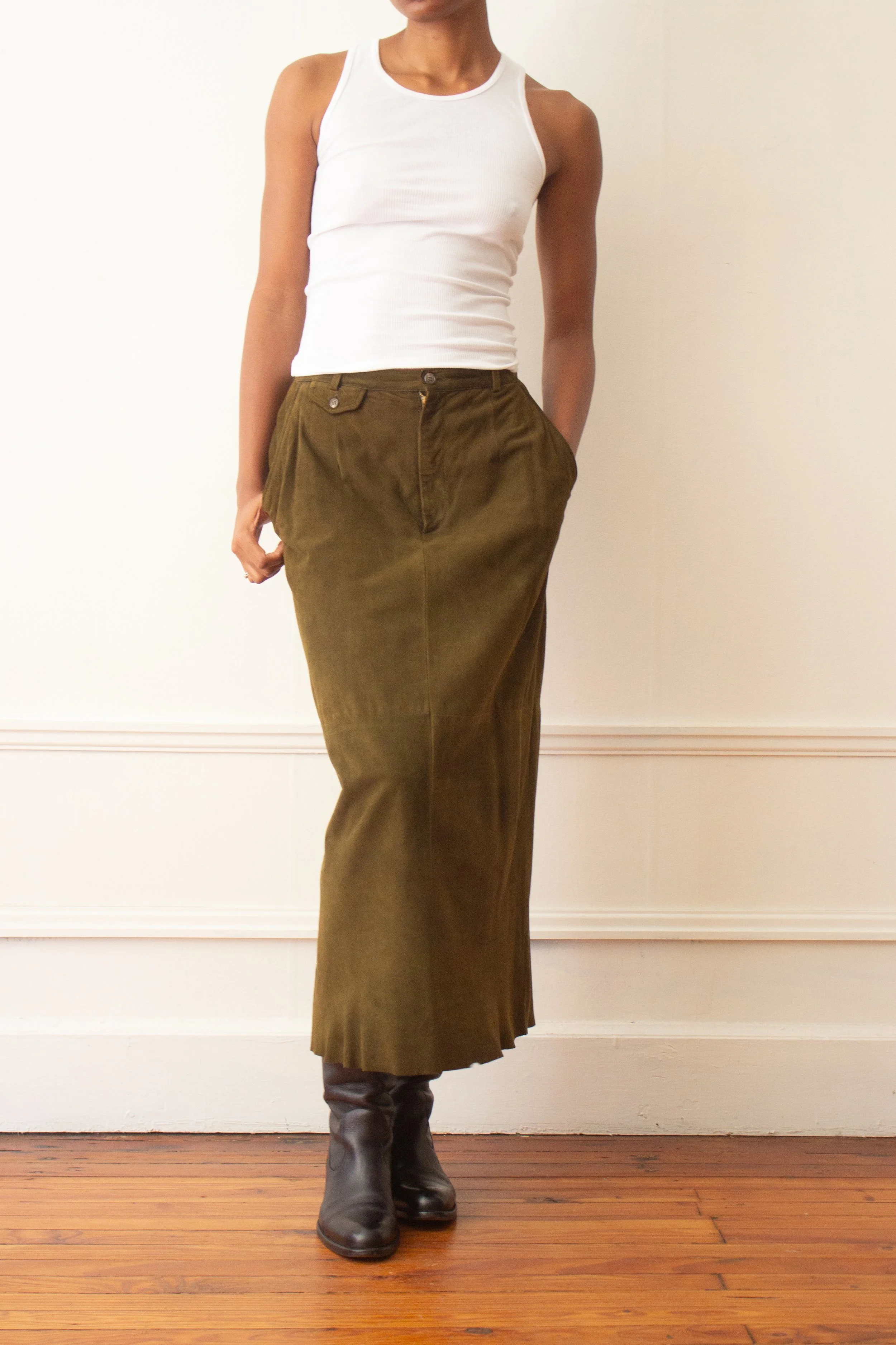 1980s Ralph Lauren Olive Suede Maxi Skirt