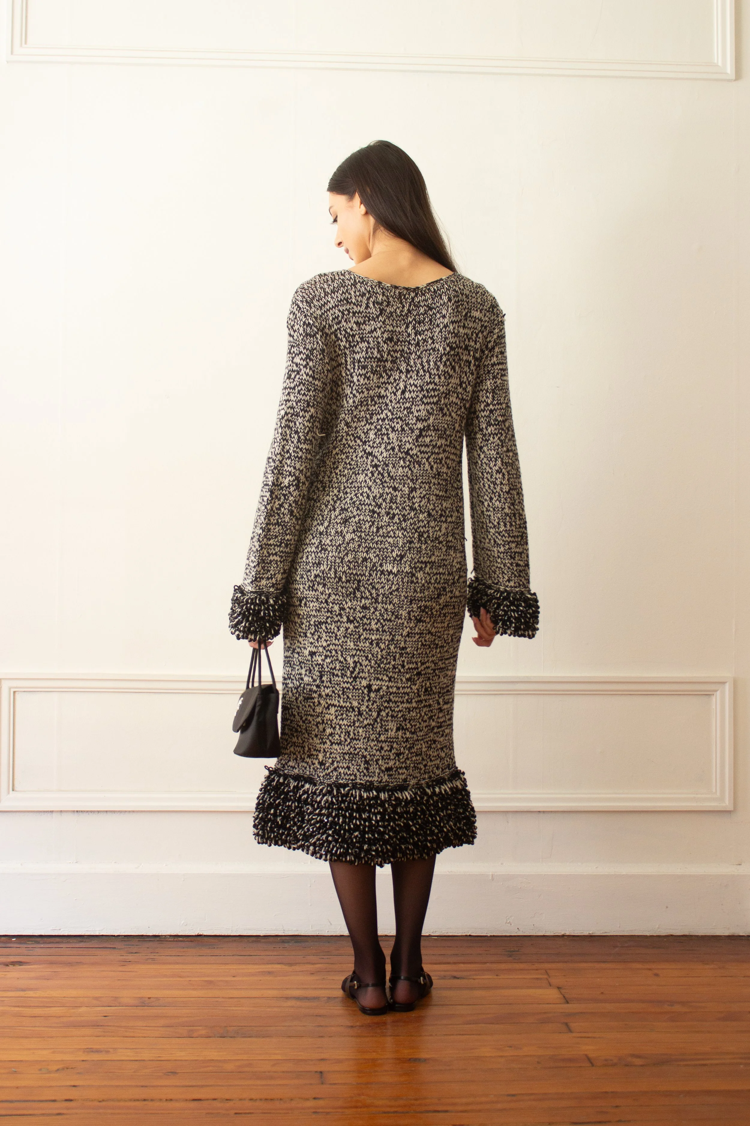 1960s Black and White Tweed Knit Dress with Beaded Fringe Hem and Cuffs ...