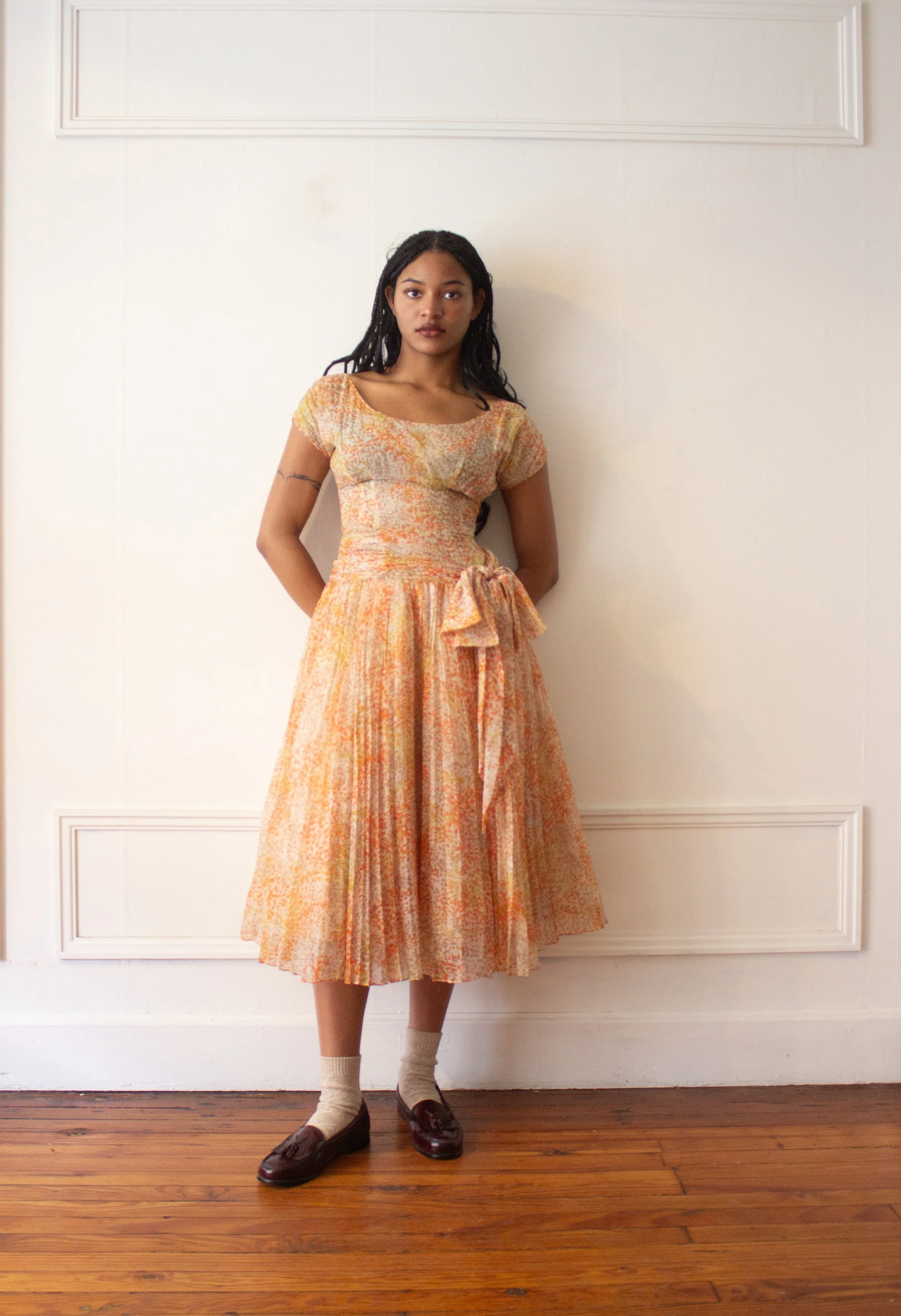 1950s Autumn Floral Drop Waist Chiffon Dress — Wayward Collection