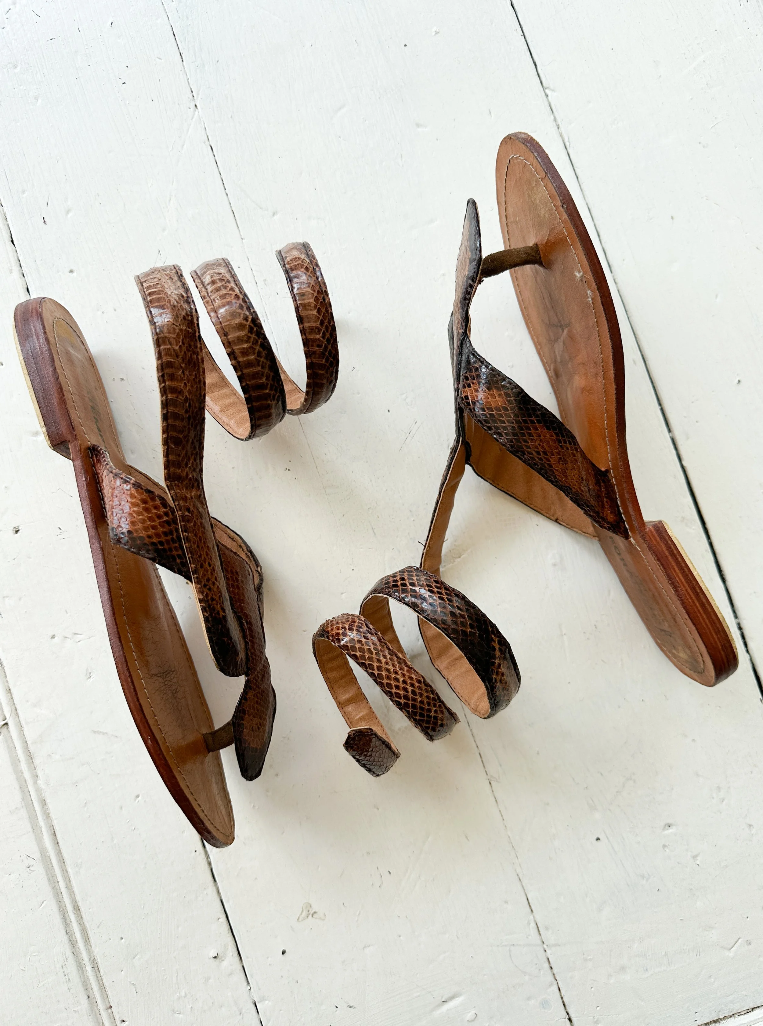 1970s Hand-Tooled Snakeskin Coil Sandals — Wayward Collection