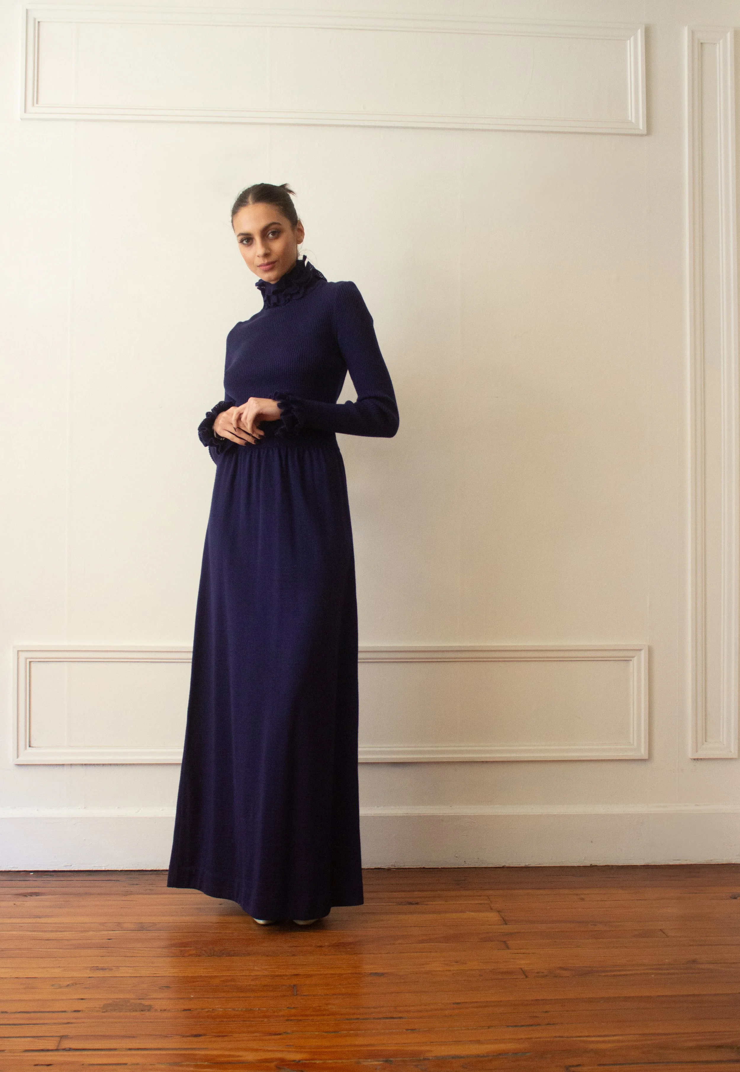 blue ribbed maxi dress 1970s Roncelli Sapphire Knit — Wayward Collection Size:Medium (7-8) fitted bodice and beaded 6-12-26REC Topshop soft touch cupro