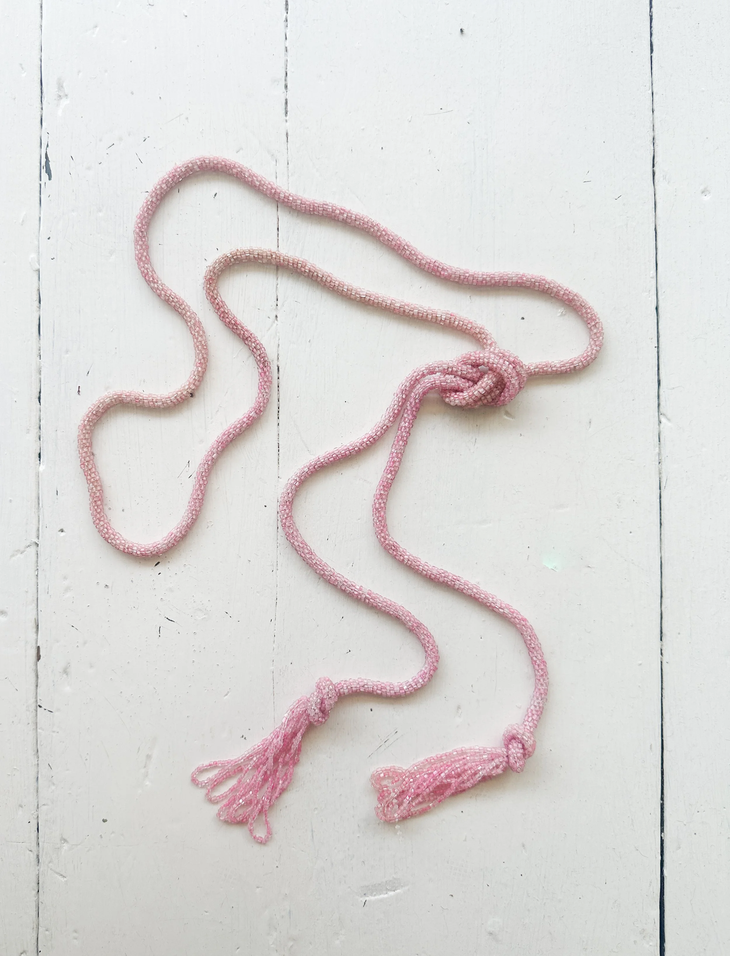 1920s Pale Pink Glass Beaded Tassel Sautoir Necklace