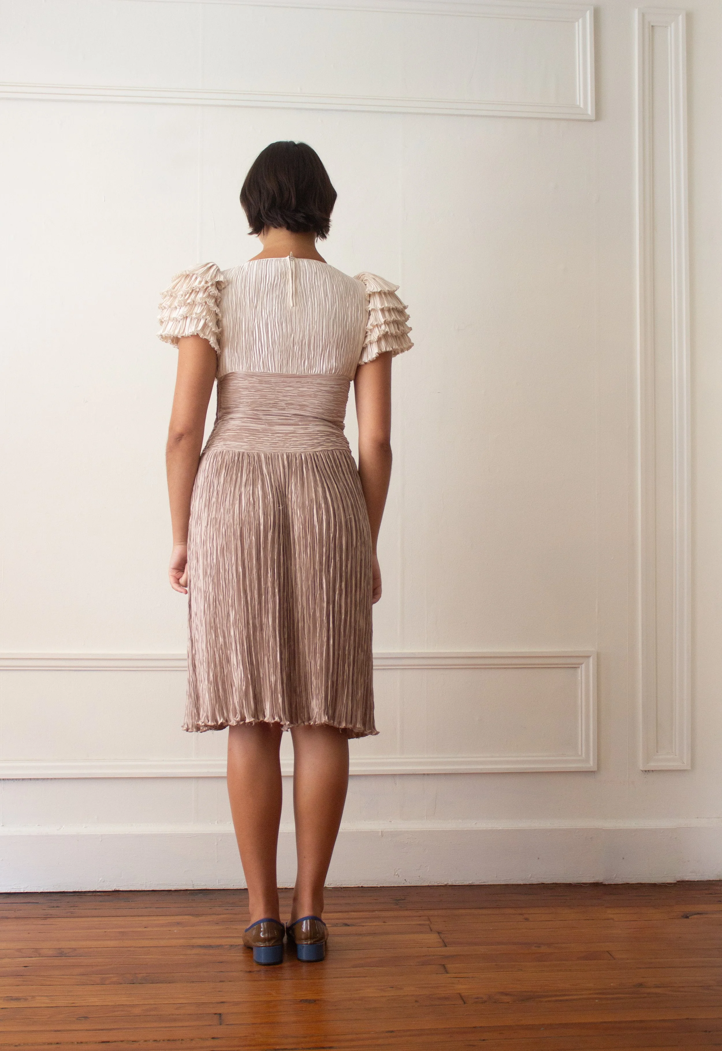 1980s Mary McFadden Creme and Taupe Plisse Cocktail Dress — Wayward  Collection