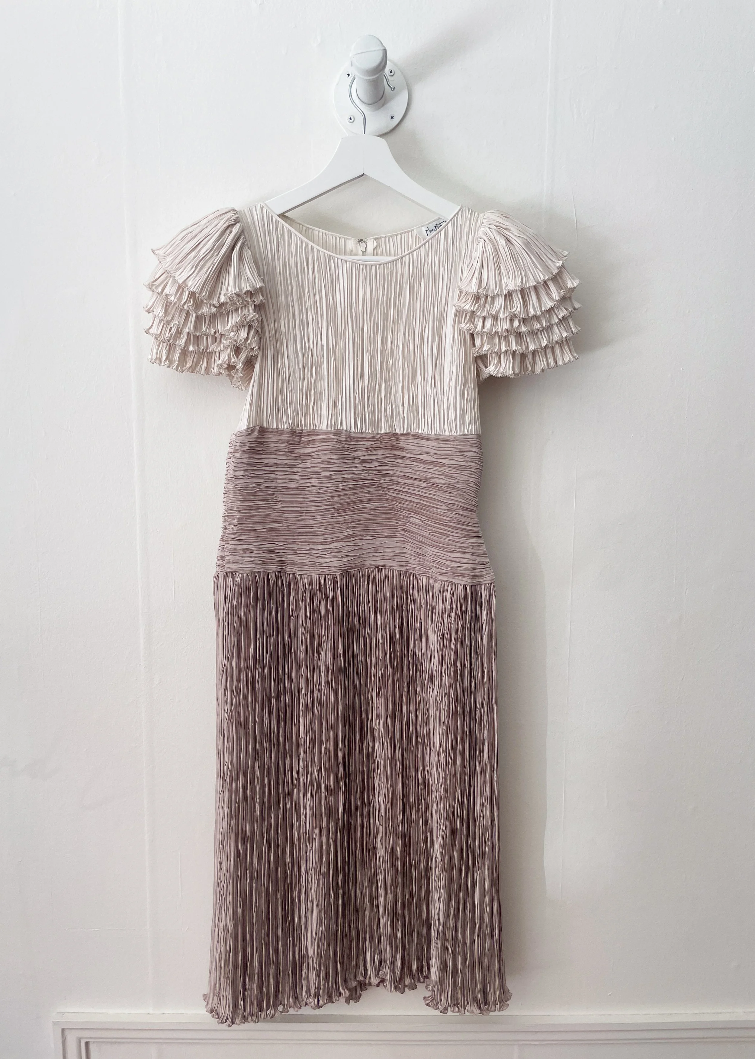 1980s Mary McFadden Creme and Taupe Plisse Cocktail Dress  Wayward  Collection