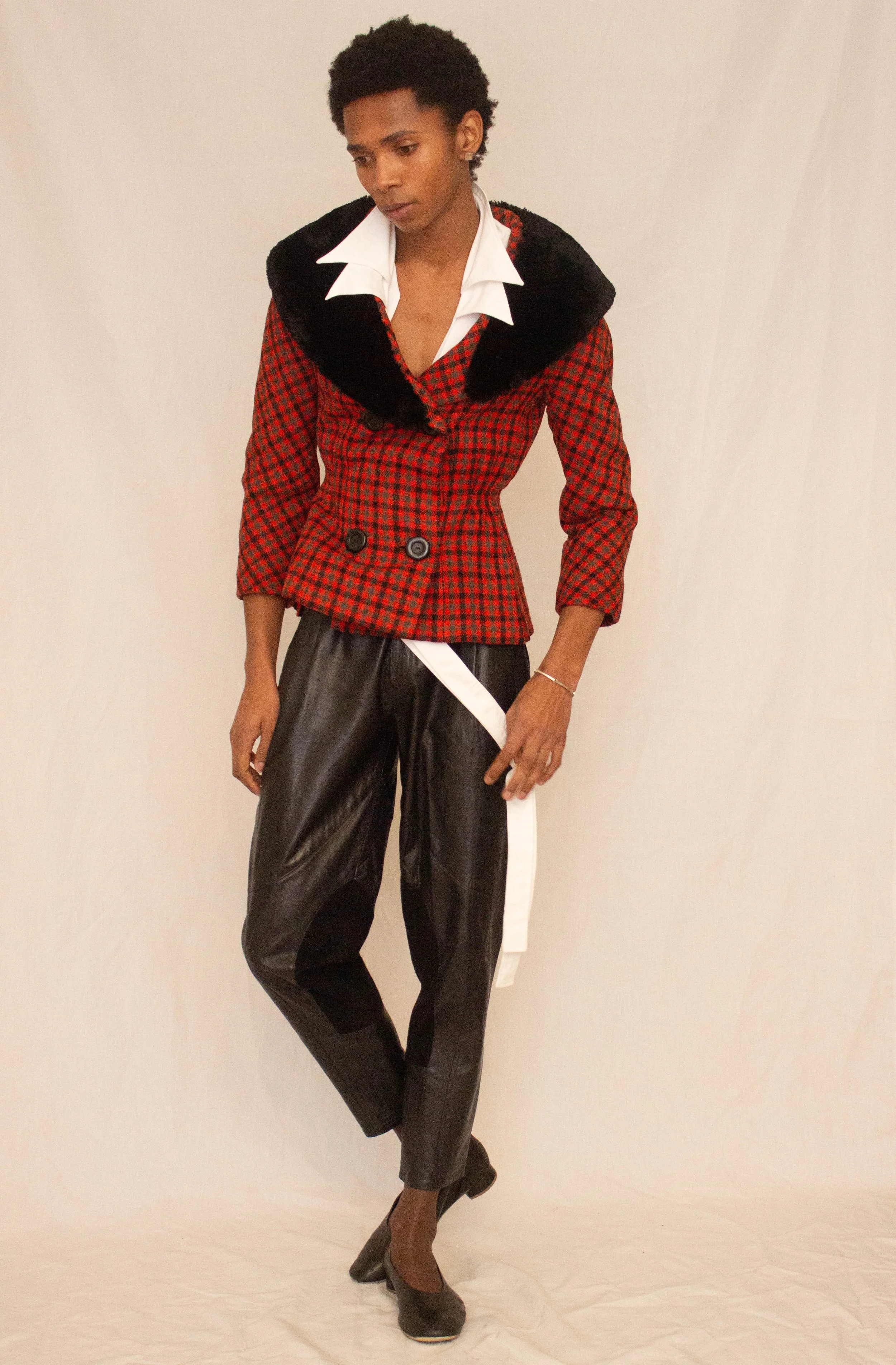 1950s Saks Fifth Avenue Plaid Wool Jacket with Sheared Fur Collar