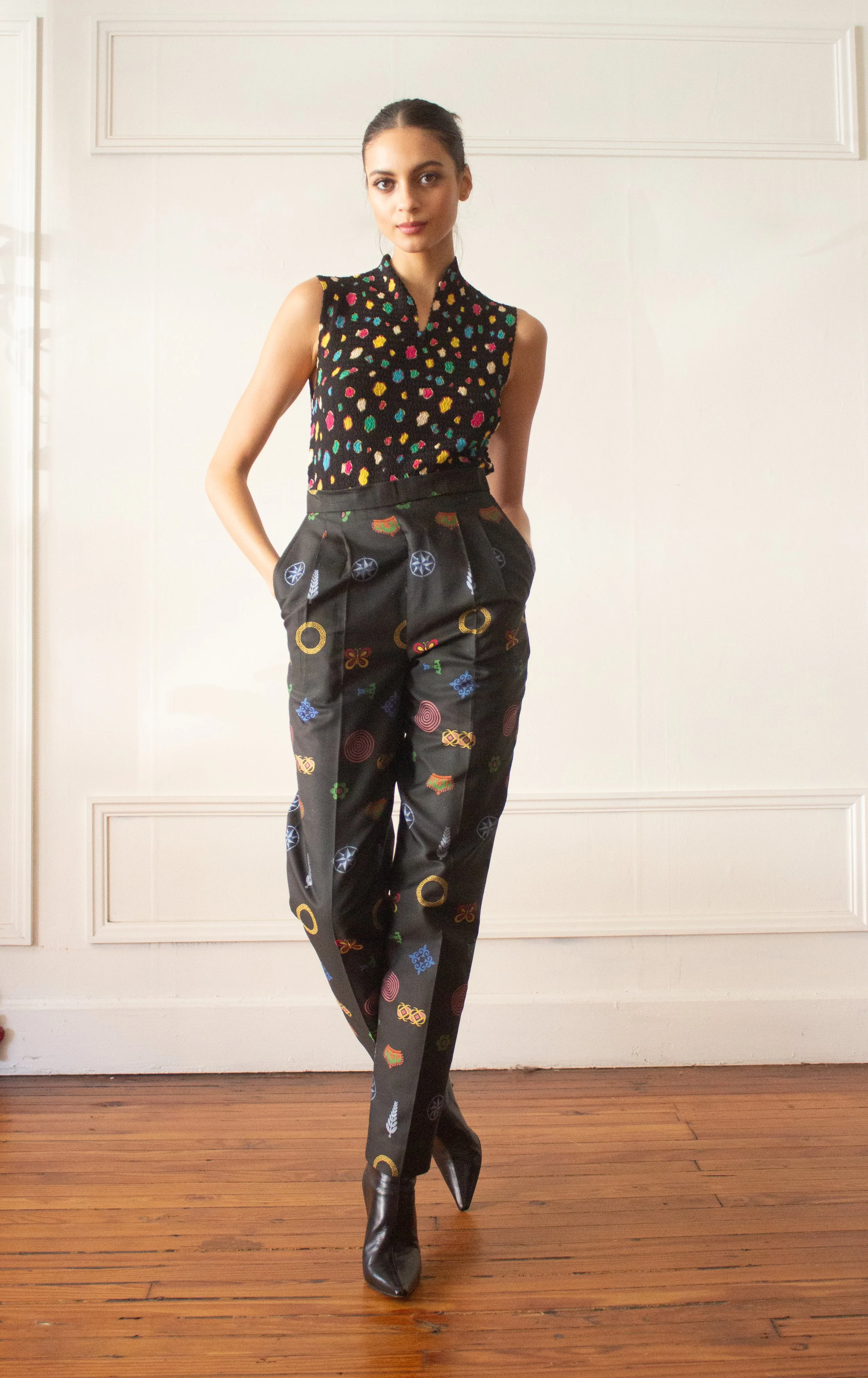 jacquard cigarette trousers 1993 Todd Oldham Silk Jacquard Cigarette Pants — Wayward Collection