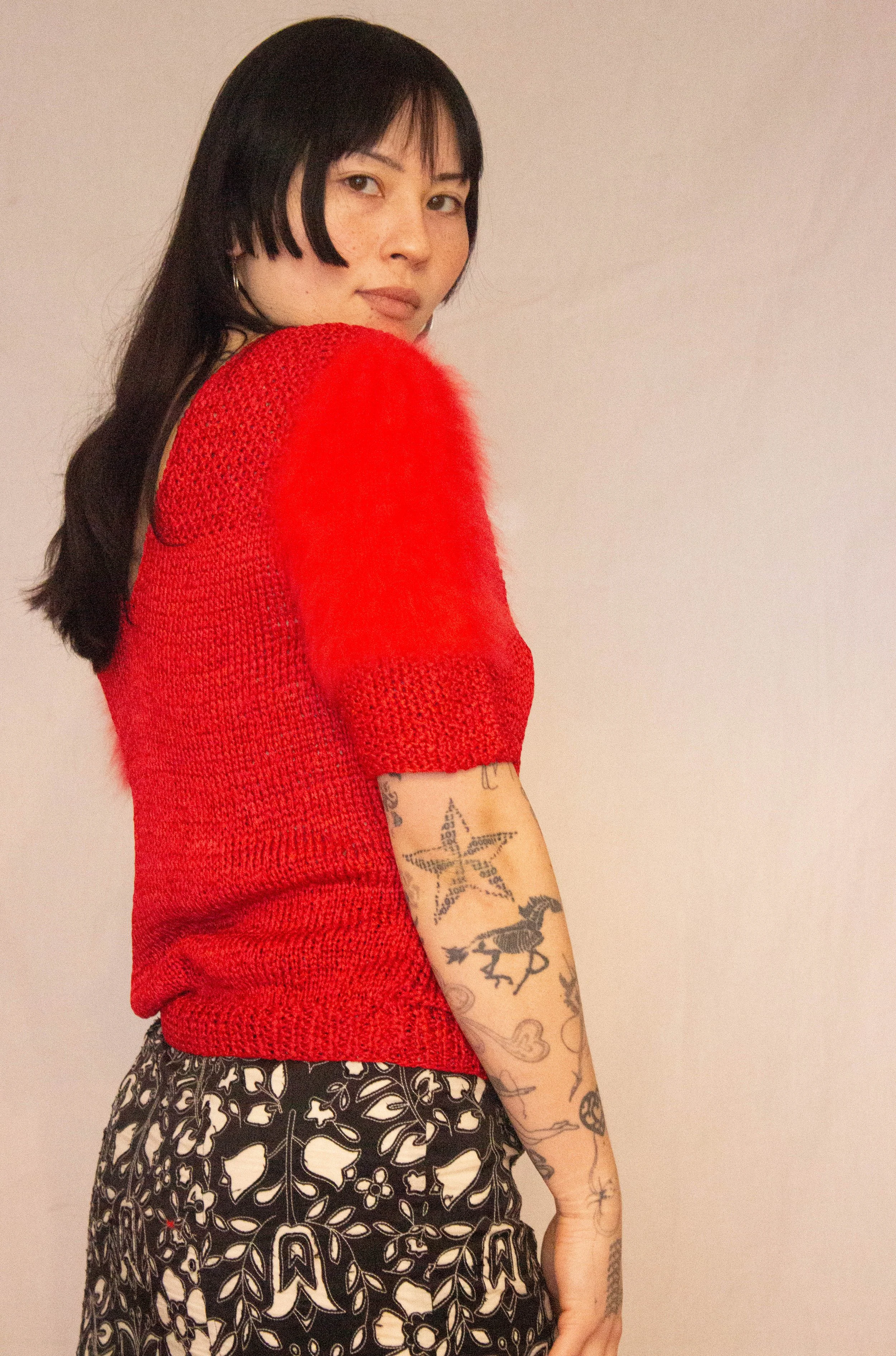 1980s Lipstick Red Handknit Short Sleeved Sweater with Angora Sleeves ...