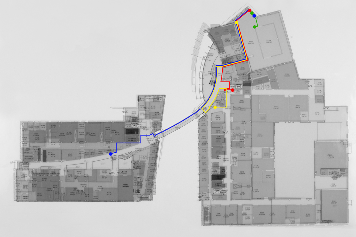 This map shows the location of the drawing arms and sensor arrays as installed in the Regis Center for Art, Minneapolis